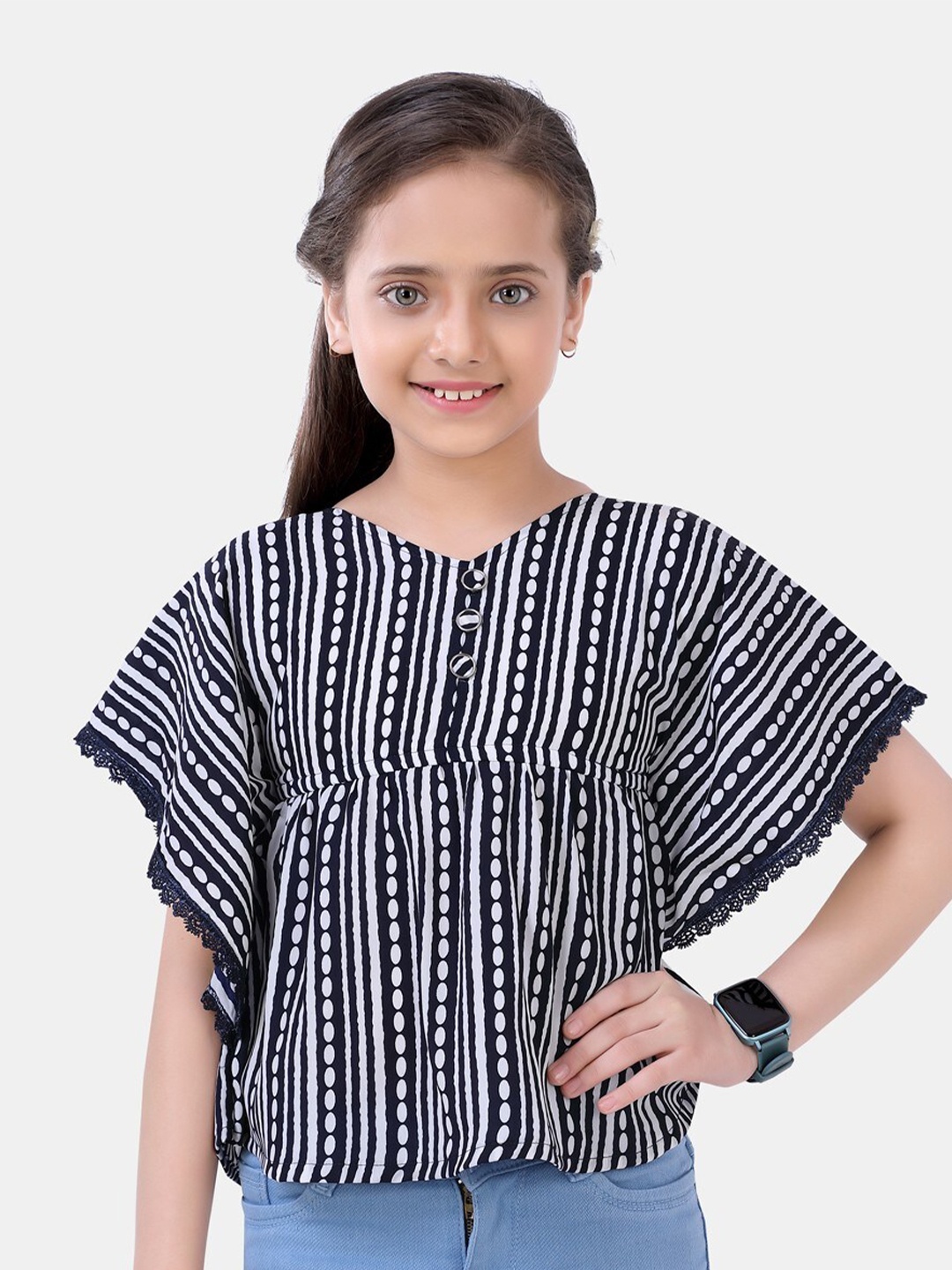 

POPLINS Girls Navy Blue & White Geometric Print Kaftan Top
