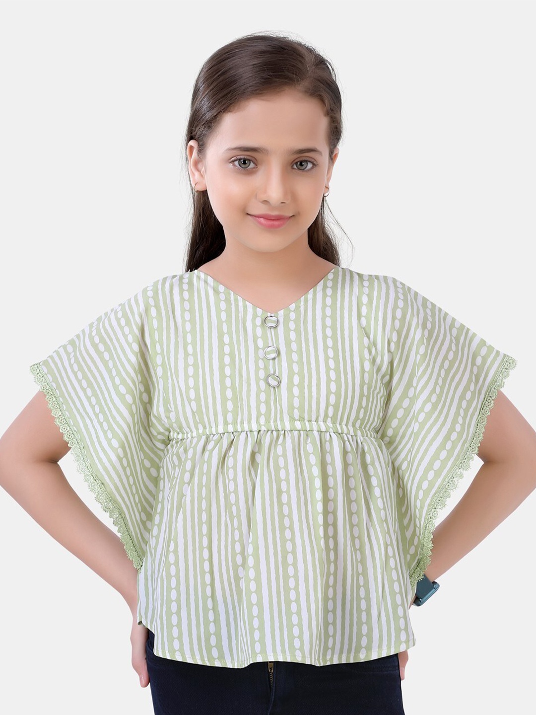 

POPLINS Girls Green & White Striped Kaftan Top