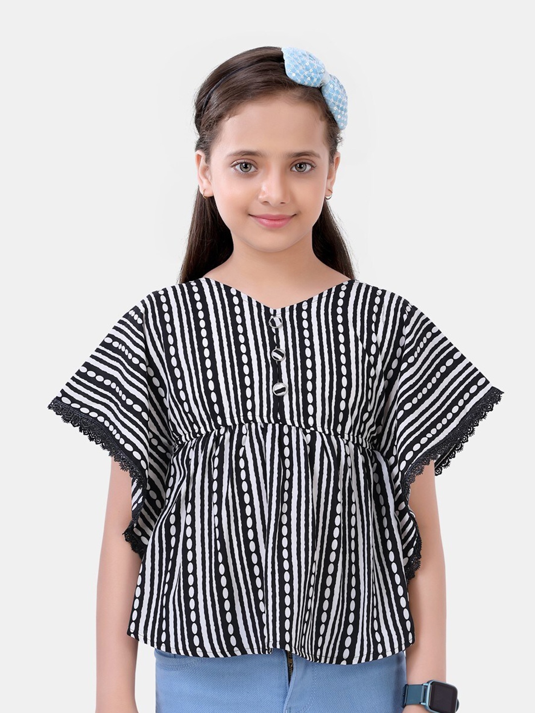 

POPLINS Girls Black & White Print Monochrome Kaftan Top