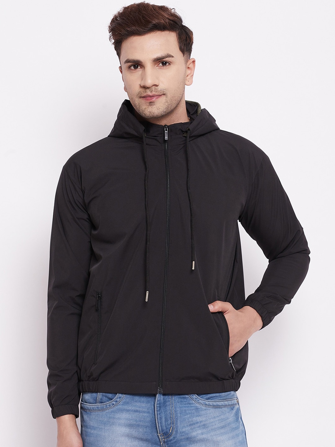

Camey Men Black Solid Hooded Lightweight Open-Front Zipper Jacket