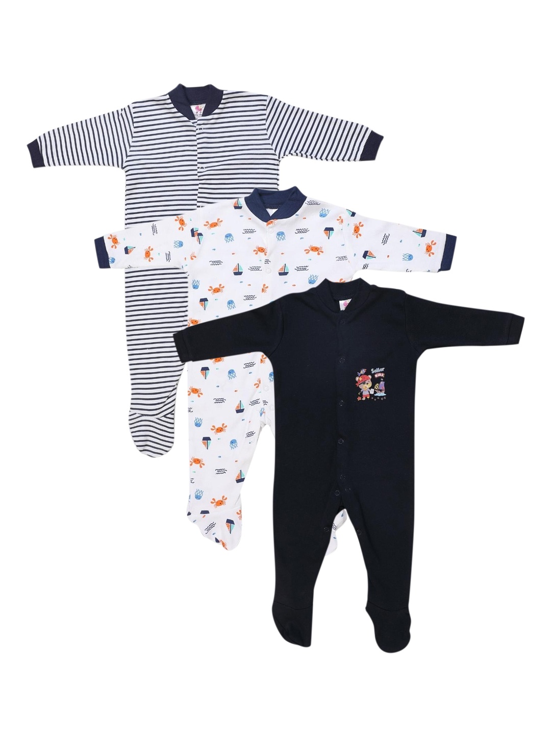 

Poplins Set of 3 Navy Blue Printed Cotton Sleepsuits
