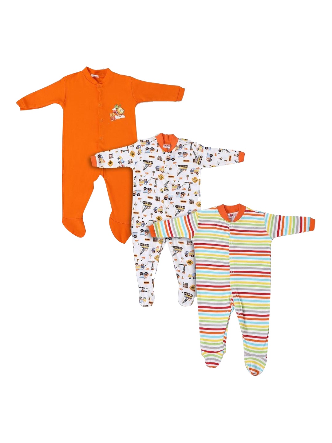 

POPLINS Infants Pack of 3 Printed Cotton Full Sleeves Regular Fit Sleepsuits, Orange