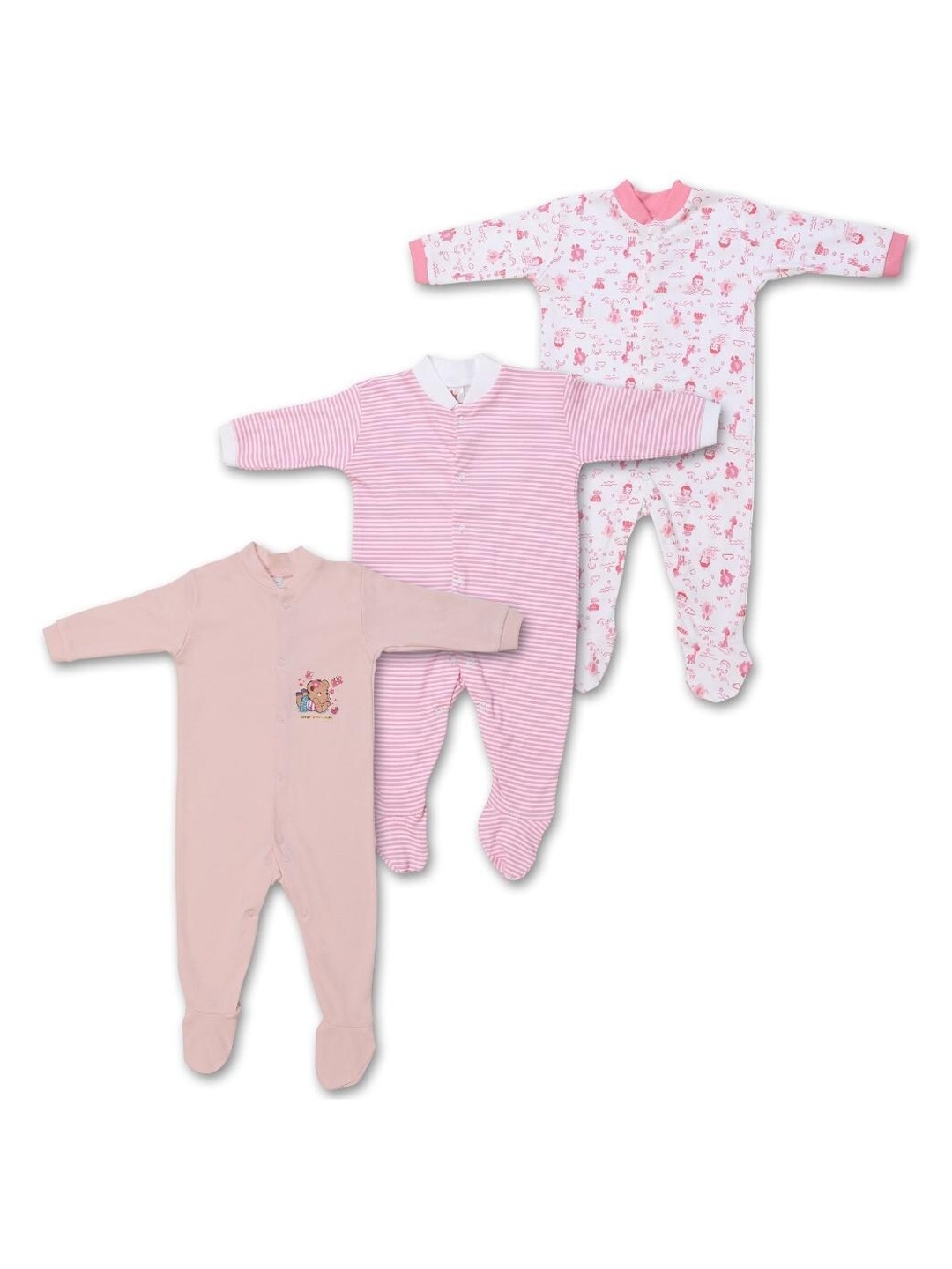 

POPLINS Unisex Kids Pack of 3 Printed Regular Fit Cotton Sleepsuits, Pink