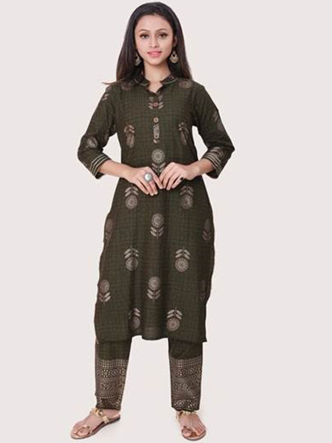 

ZRI Women Olive Green Ethnic Motifs Printed Kurta with Trousers