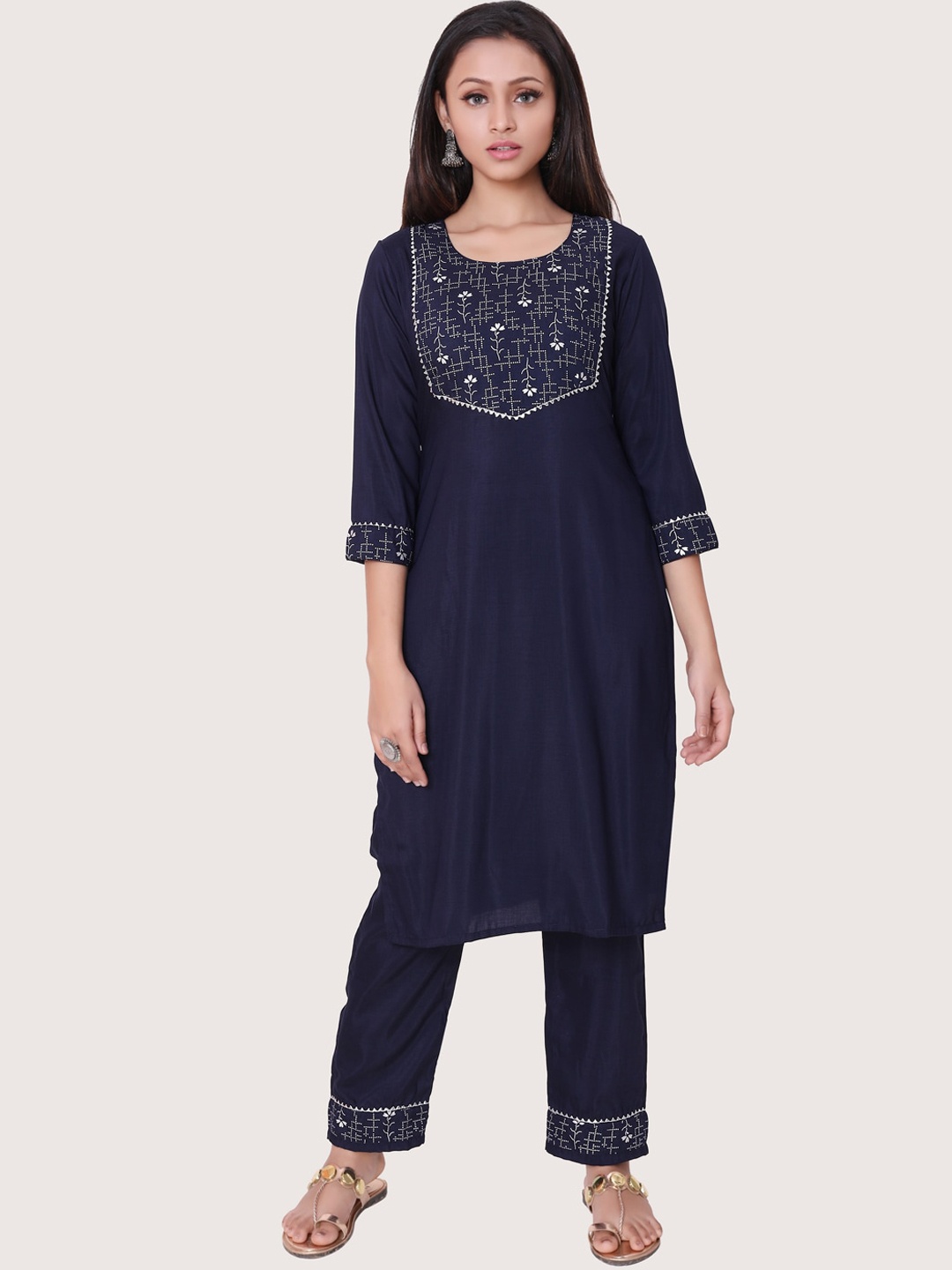 

ZRI Women Navy Blue Floral Yoke Design Pleated Gotta Patti Kurta with Trousers