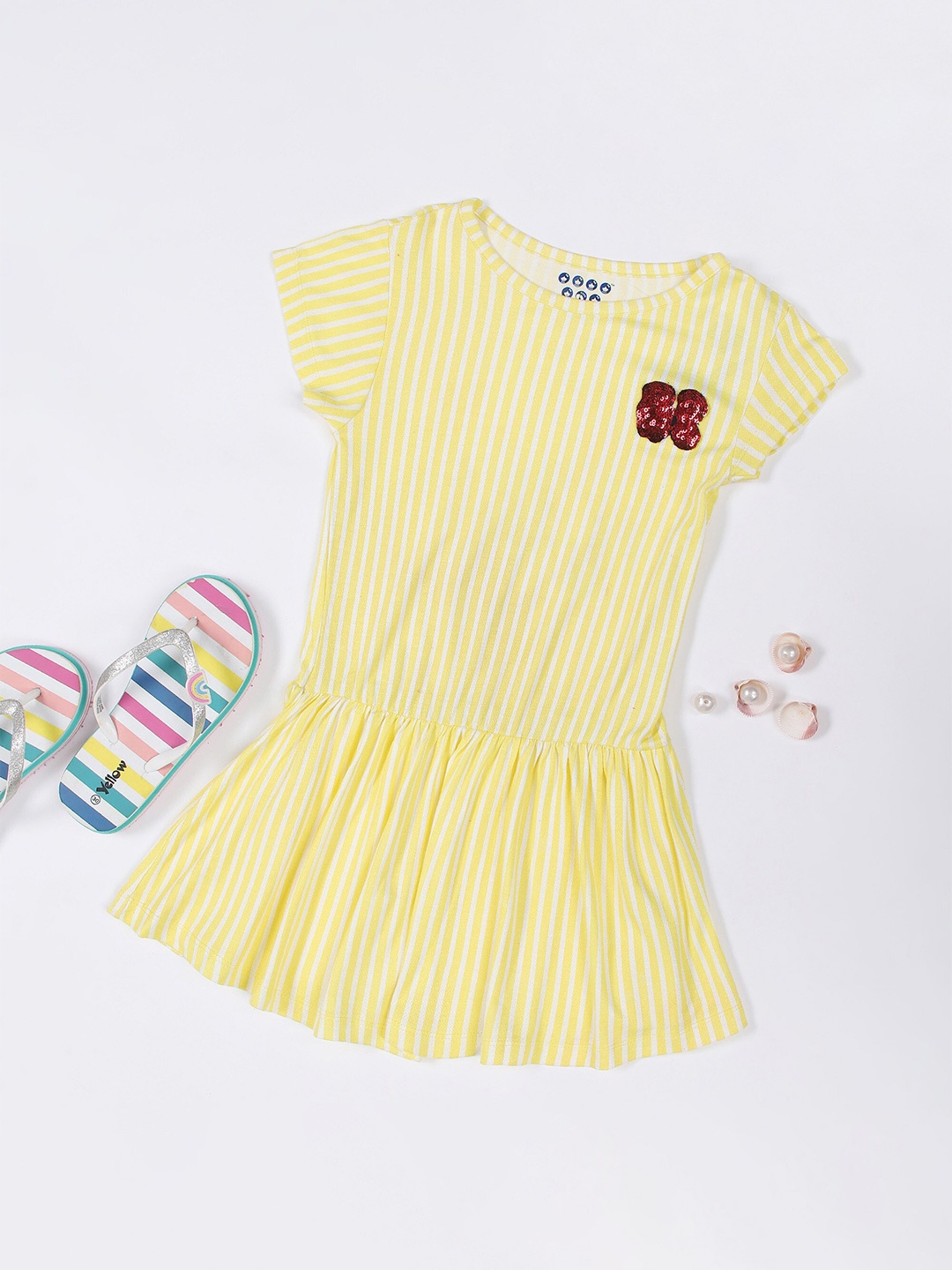 

ZION Yellow & White Striped Applique Drop-Waist Dress