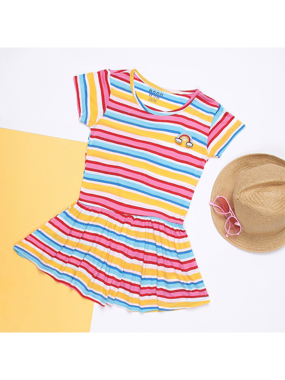 

ZION Pink & Blue Striped Applique Drop-Waist Knitted Dress