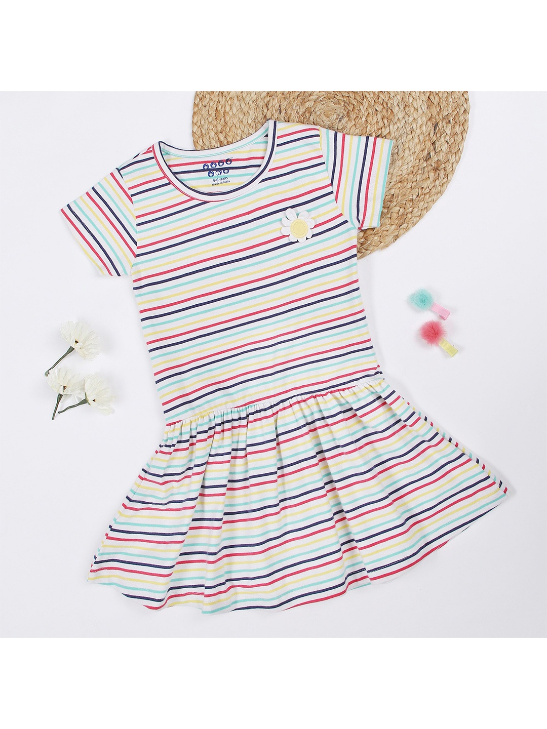 

ZION Pink & Multicoloured Striped Applique Drop-Waist Dress