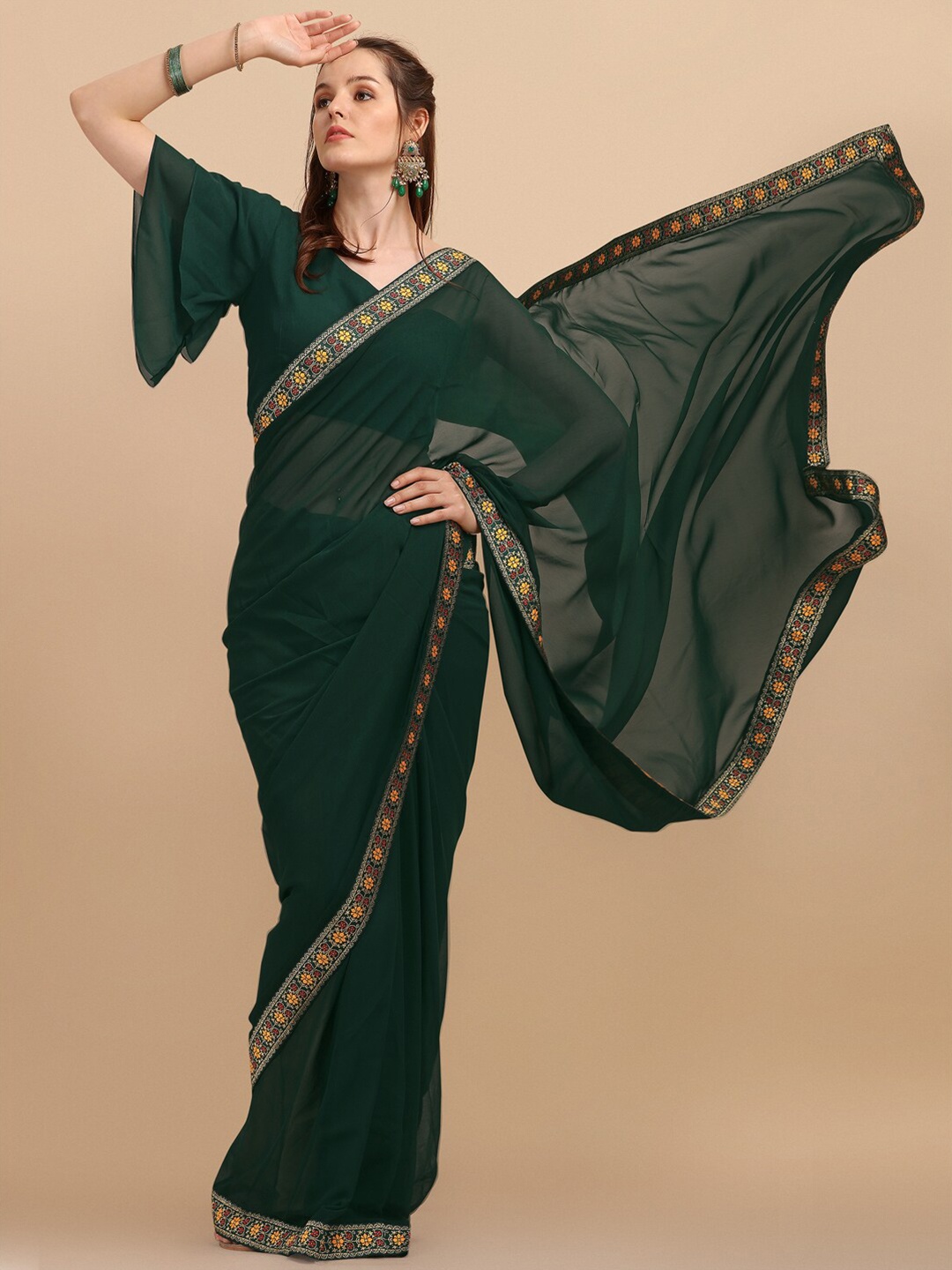 

Sangria Green & Orange Woven Lace Border Saree