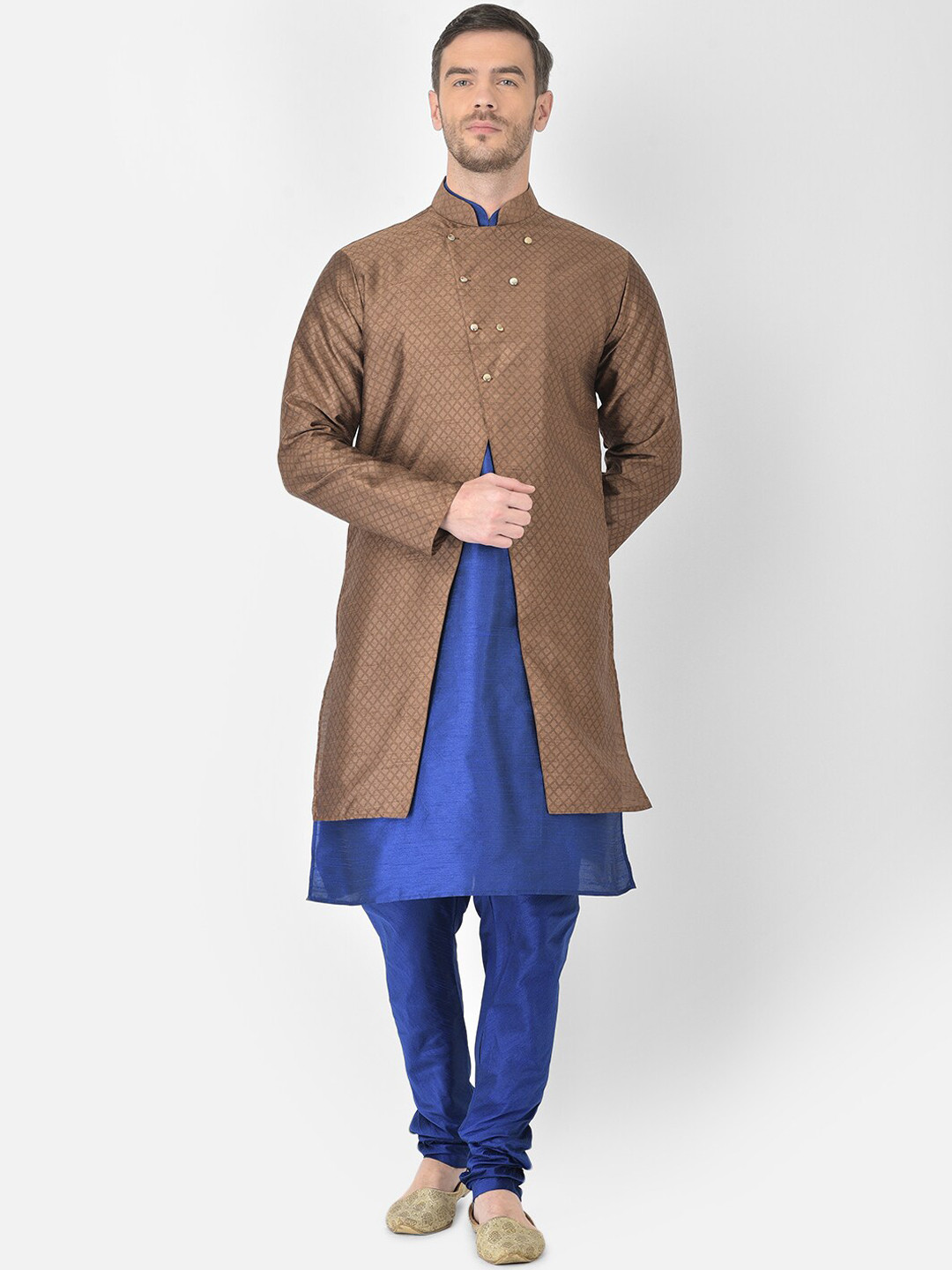 

SG RAJASAHAB Men Blue & Brown Woven design Layered Raw Silk Kurta with Churidar