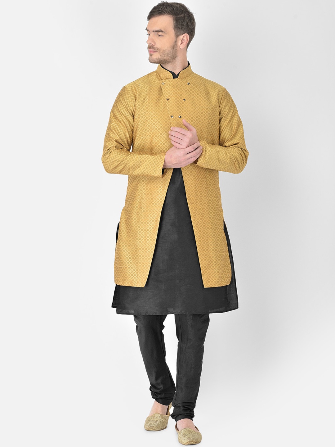 

SG RAJASAHAB Men Black & Mustard Yellow Raw Silk Kurta with Churidar & Jacket