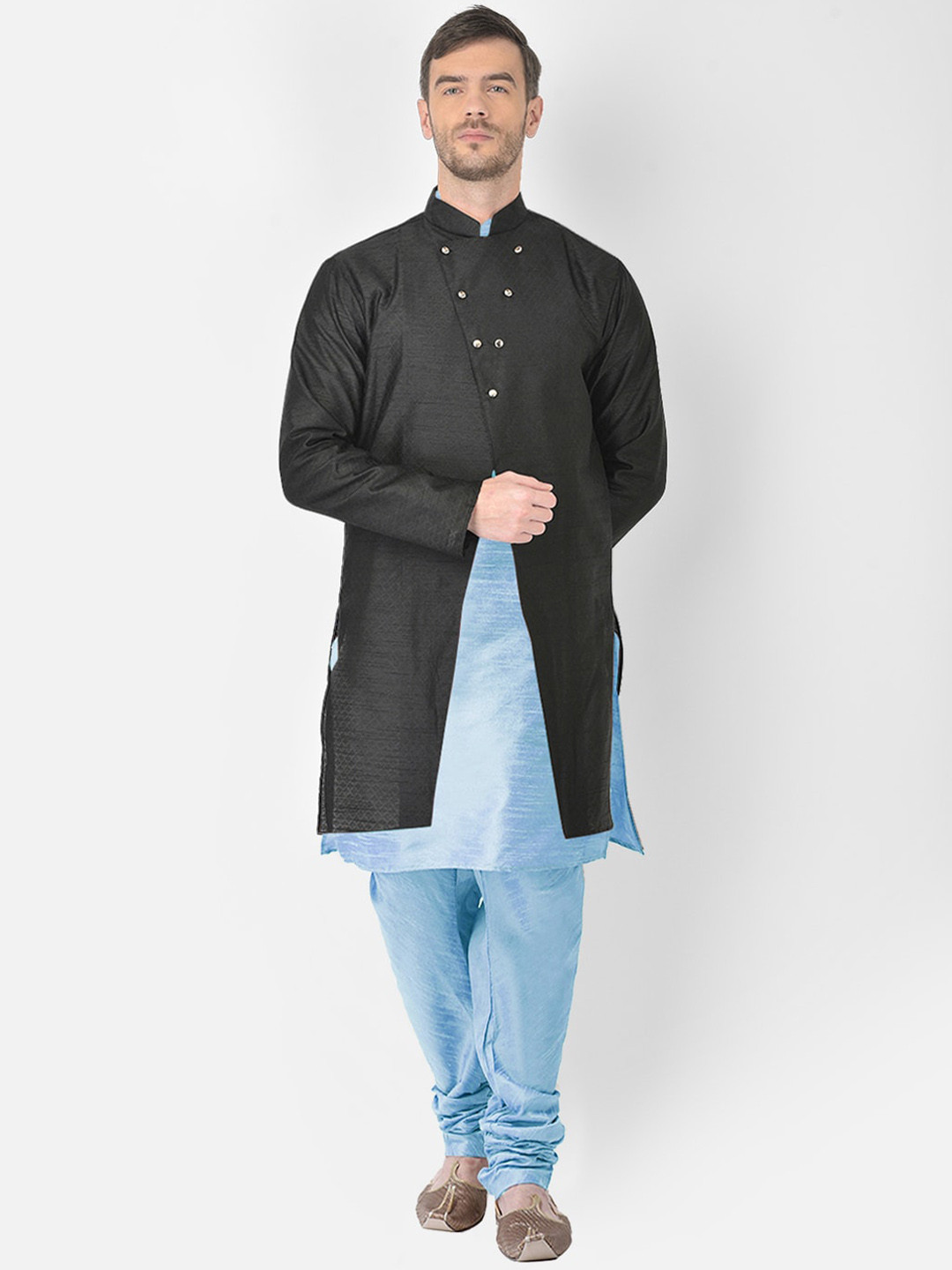 

SG RAJASAHAB Men Turquoise Blue & Black Woven design Layered Raw Silk Kurta with Churidar