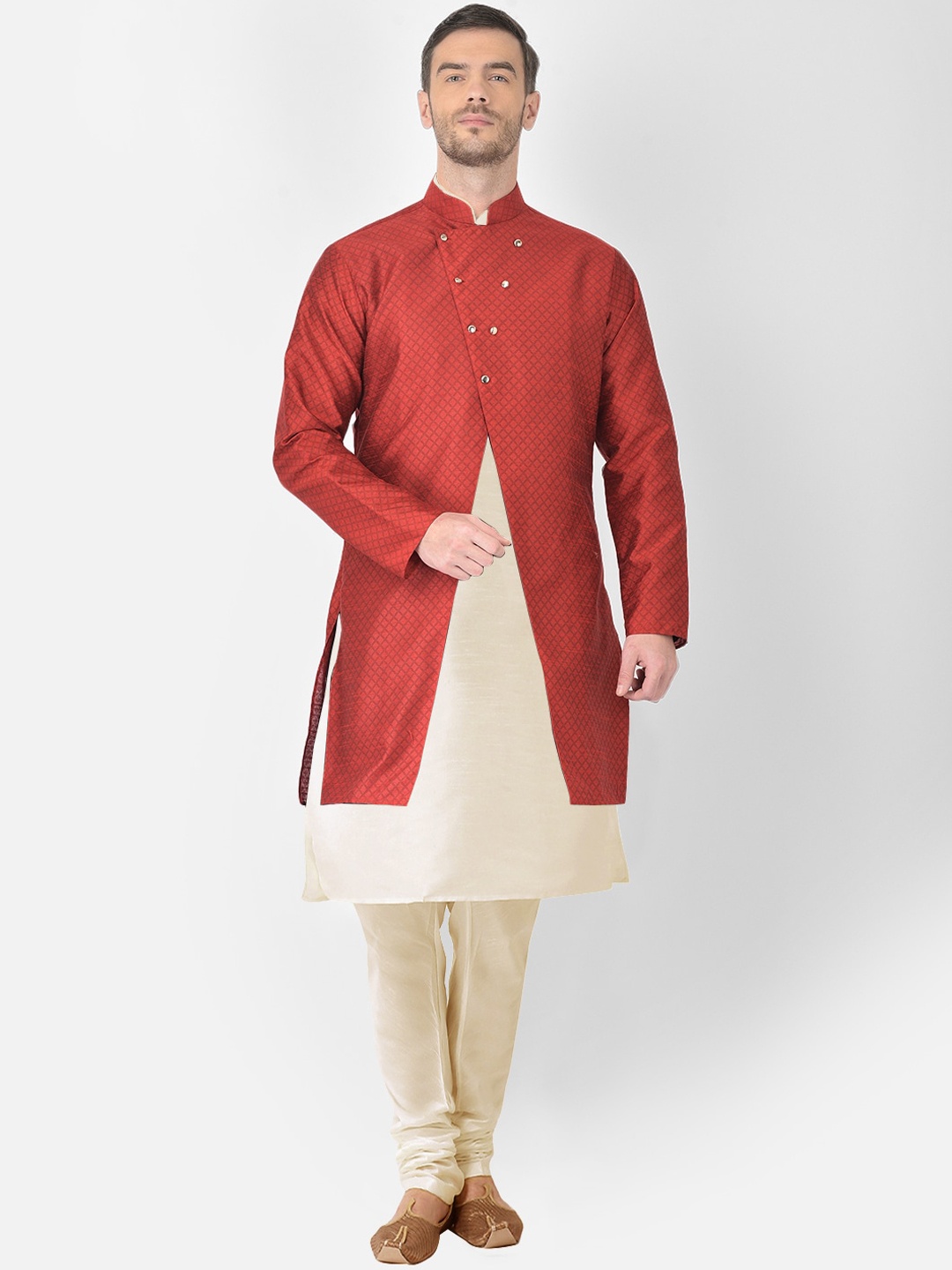 

SG RAJASAHAB Men Beige & Maroon Raw Silk Kurta with Pyjamas & Jacket