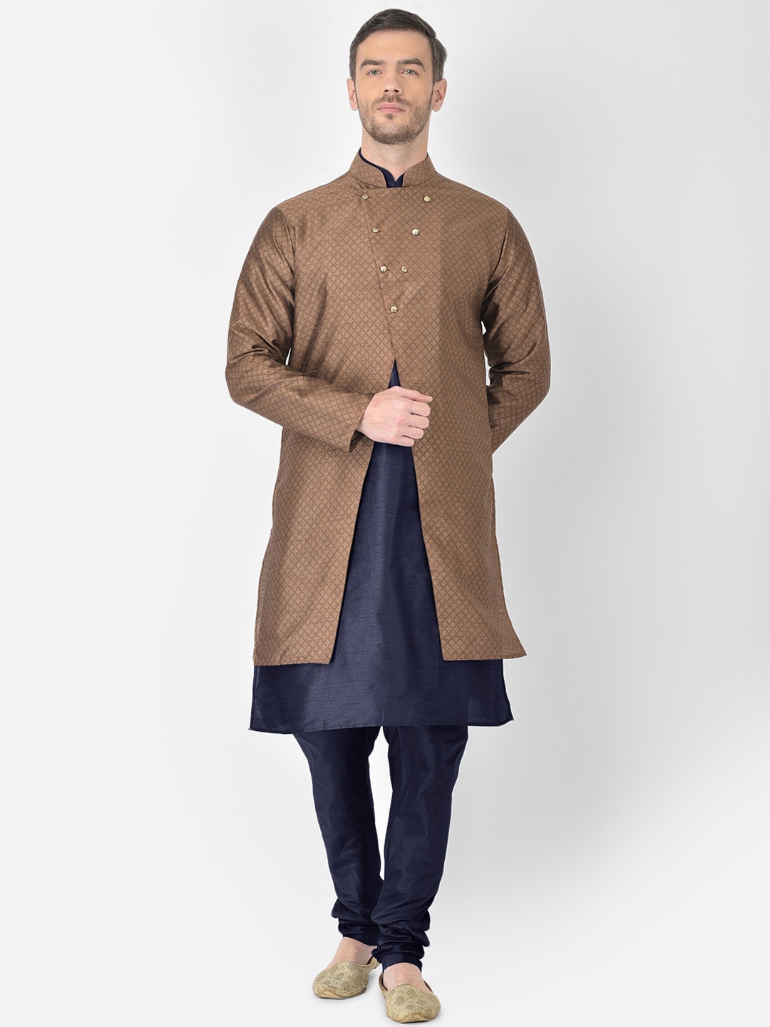 

SG RAJASAHAB Men Navy Blue Raw Silk Kurta with Churidar With Jacket