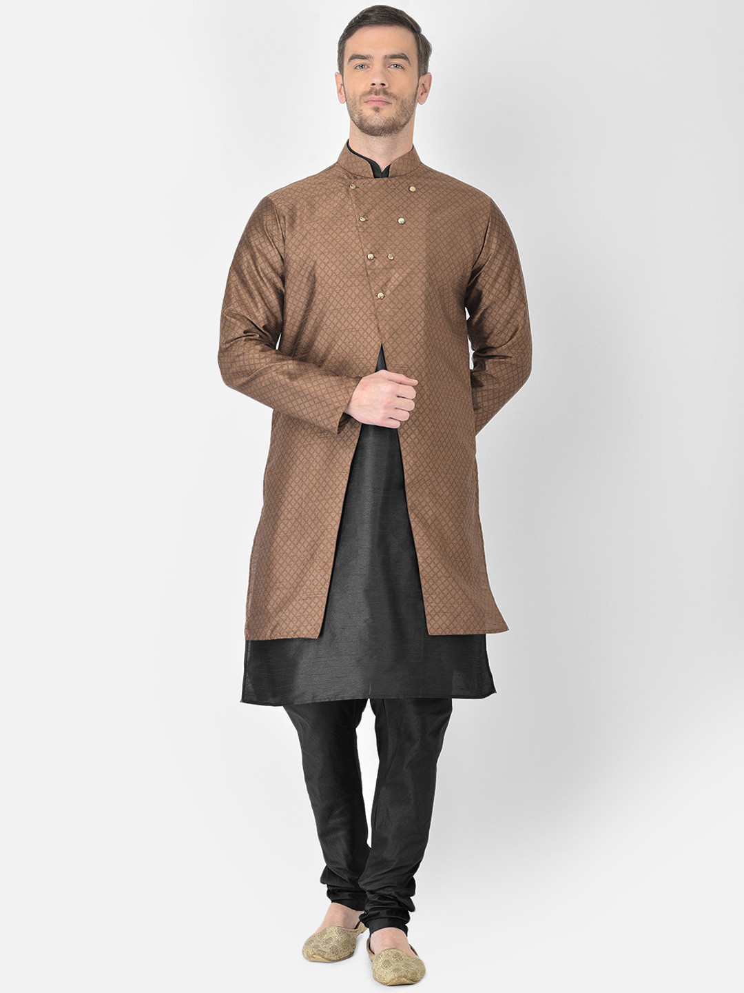 

SG RAJASAHAB Men Black & Brown Raw Silk Kurta with Churidar & Jacket