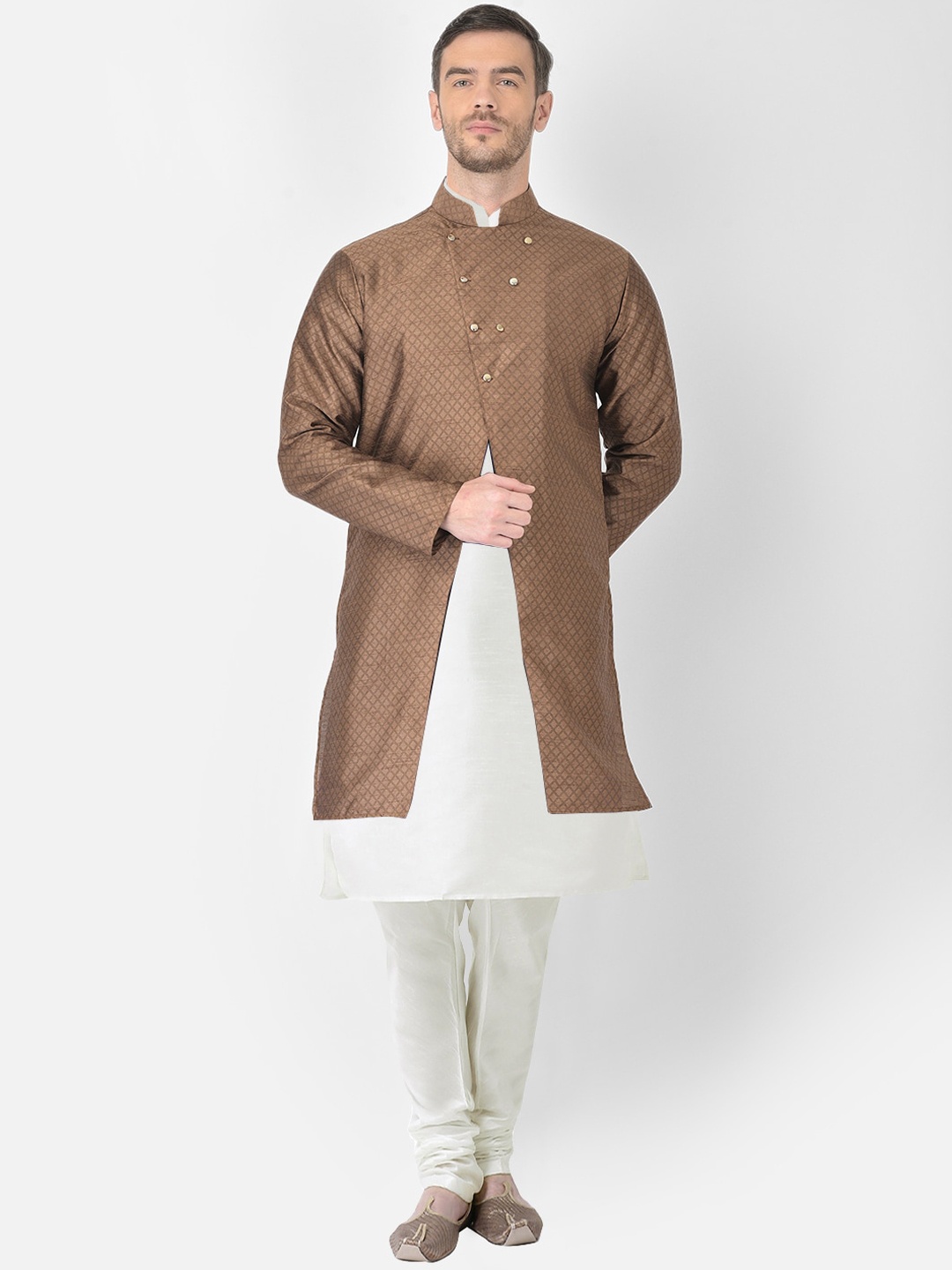 

SG RAJASAHAB Men Off-White & Brown Raw Silk Kurta with Churidar & Jacket