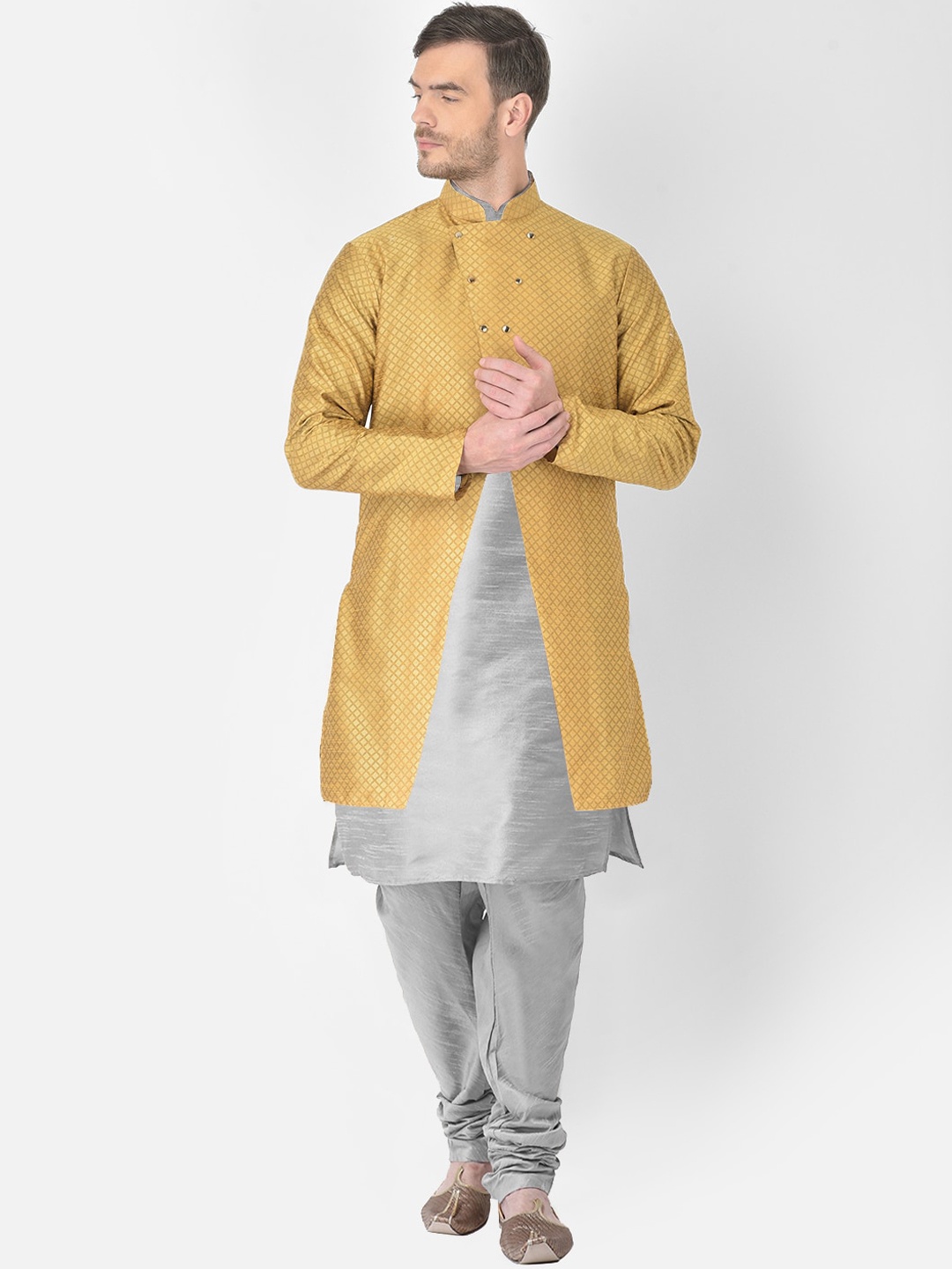 

SG RAJASAHAB Men Grey & Mustard Yellow Raw Silk Kurta with Churidar & Jacket