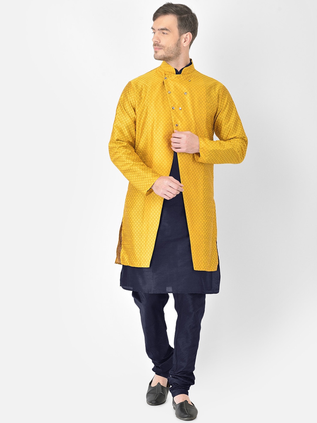 

SG RAJASAHAB Men Navy Blue Raw Silk Kurta & Churidar With Jacket