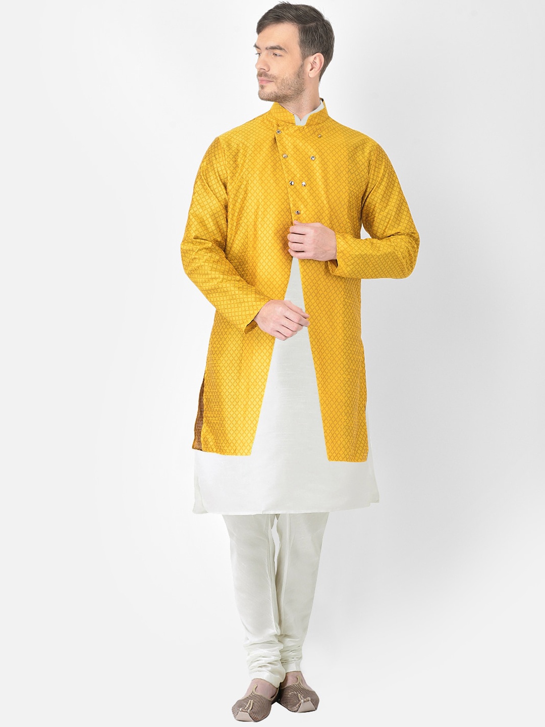 

SG RAJASAHAB Men Cream-Coloured Layered Raw Silk Kurta & Churidar With Jacket