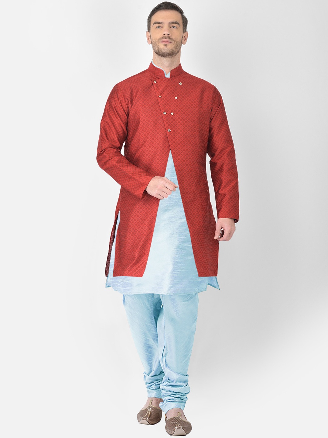 

SG RAJASAHAB Men Turquoise Blue Raw Silk Kurta Churidar with Jacket