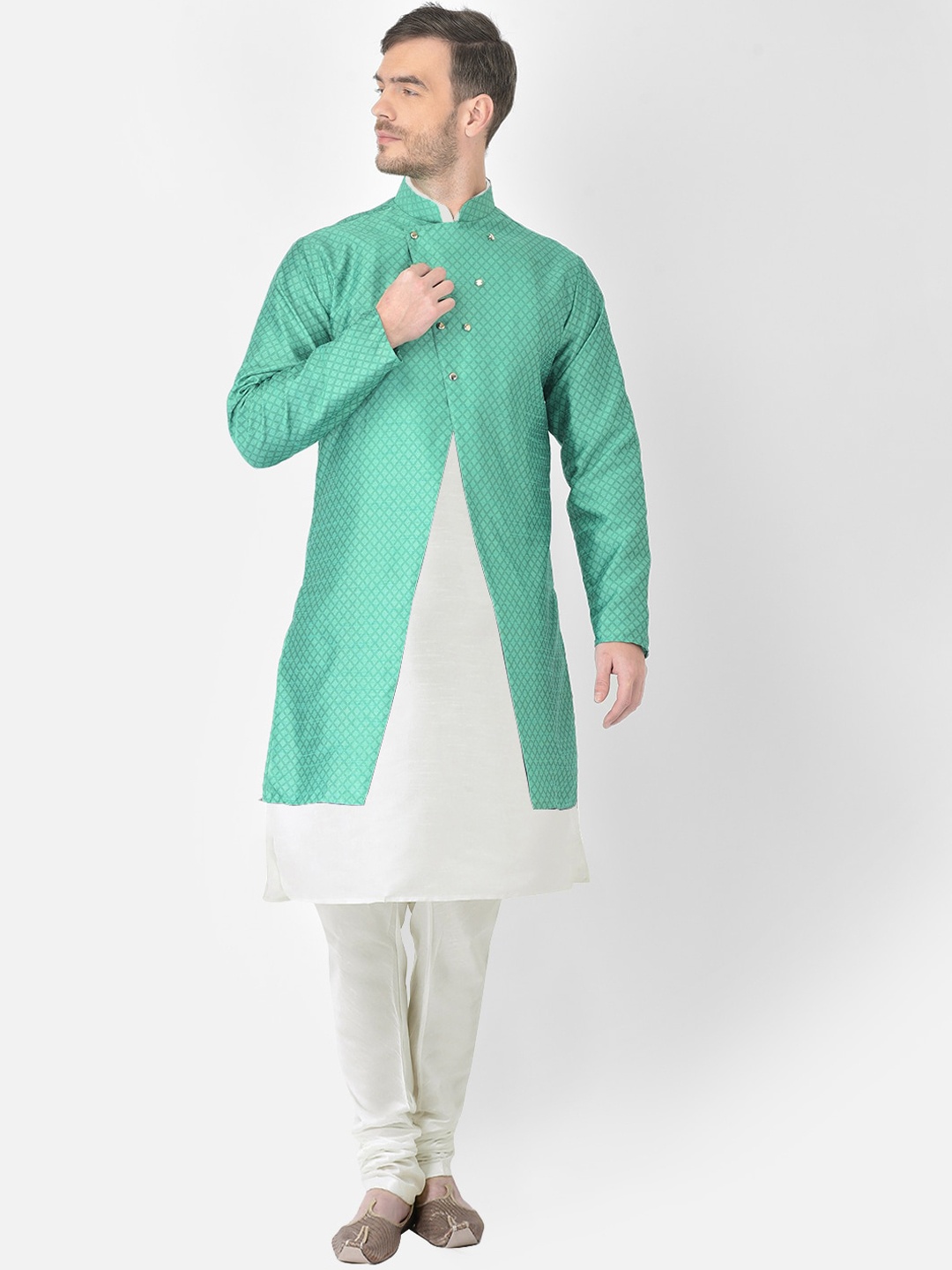 

SG RAJASAHAB Men Off-White & Green Raw Silk Kurta with Churidar & Jacket