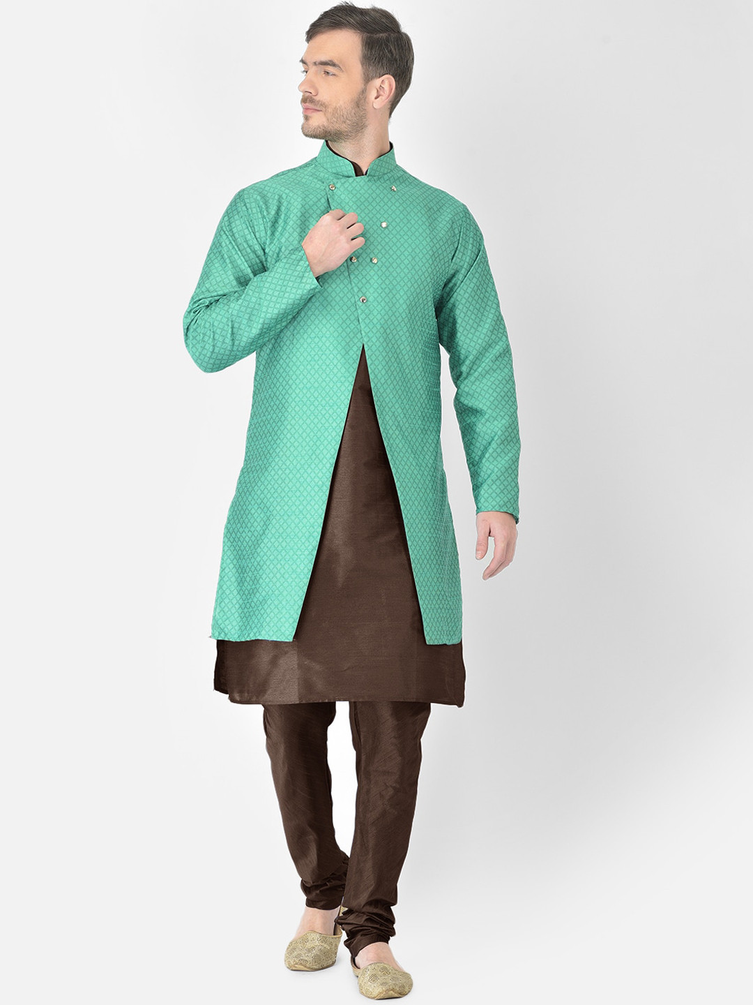 

SG RAJASAHAB Men Brown Raw Silk Kurta with Churidar & Jacket