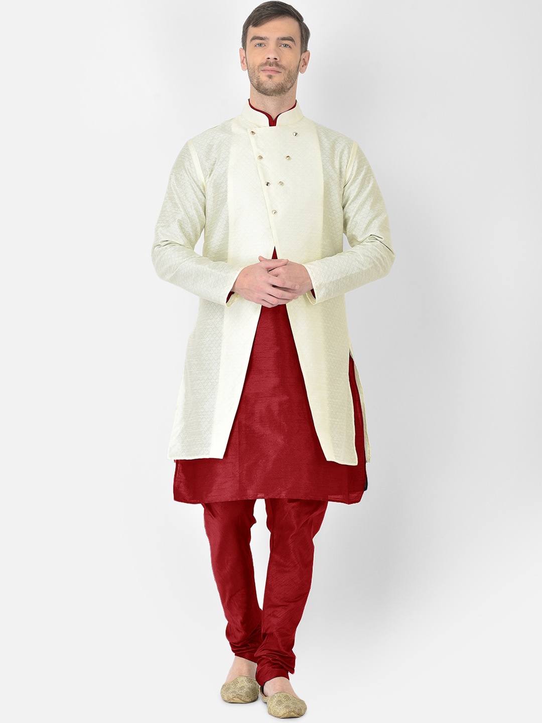 

SG RAJASAHAB Men Maroon & Off-White Raw Silk Kurta with Churidar & Jacket