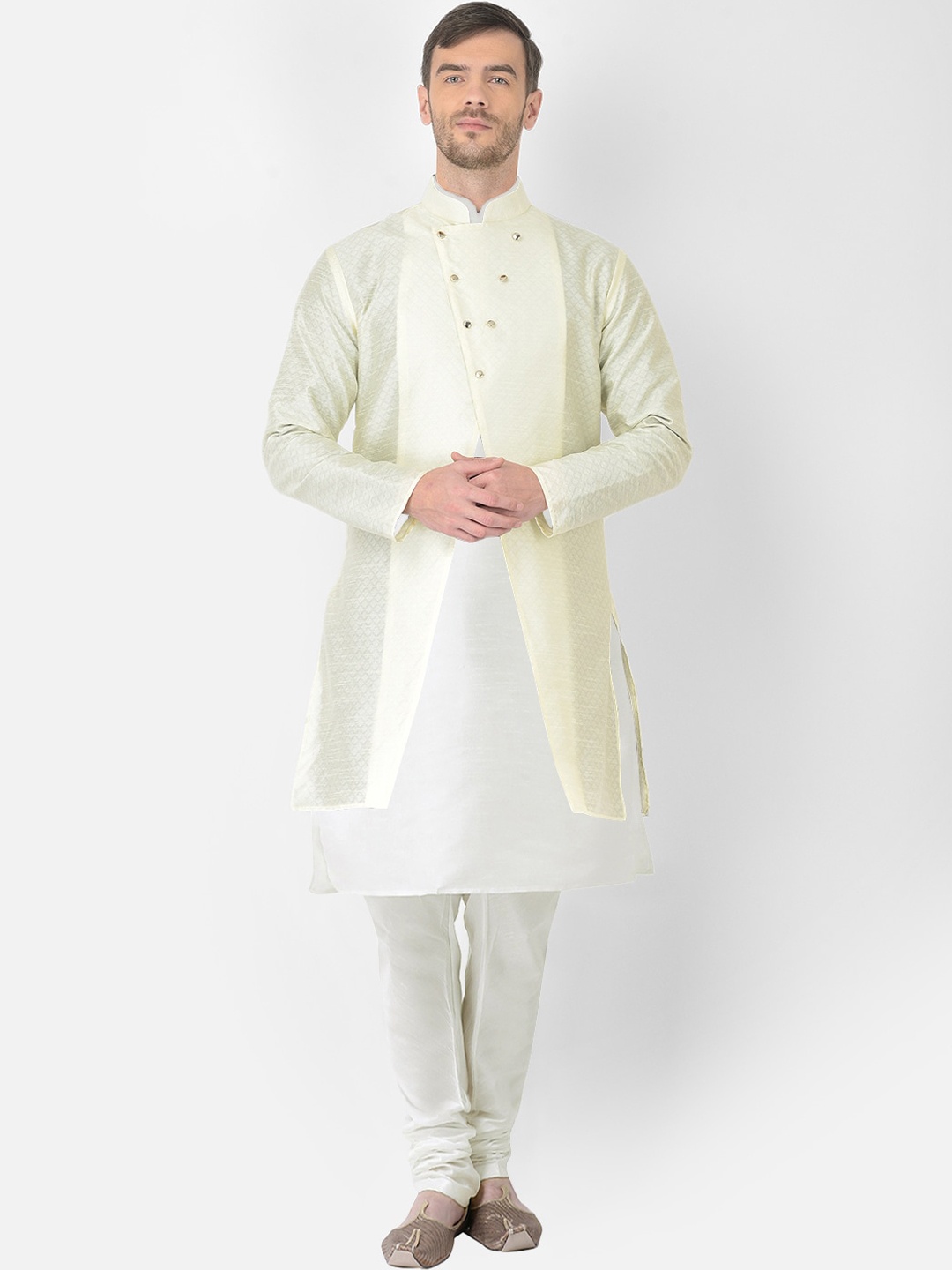 

SG RAJASAHAB Men Cream-Coloured Raw Silk Kurta Churidar with Jacket