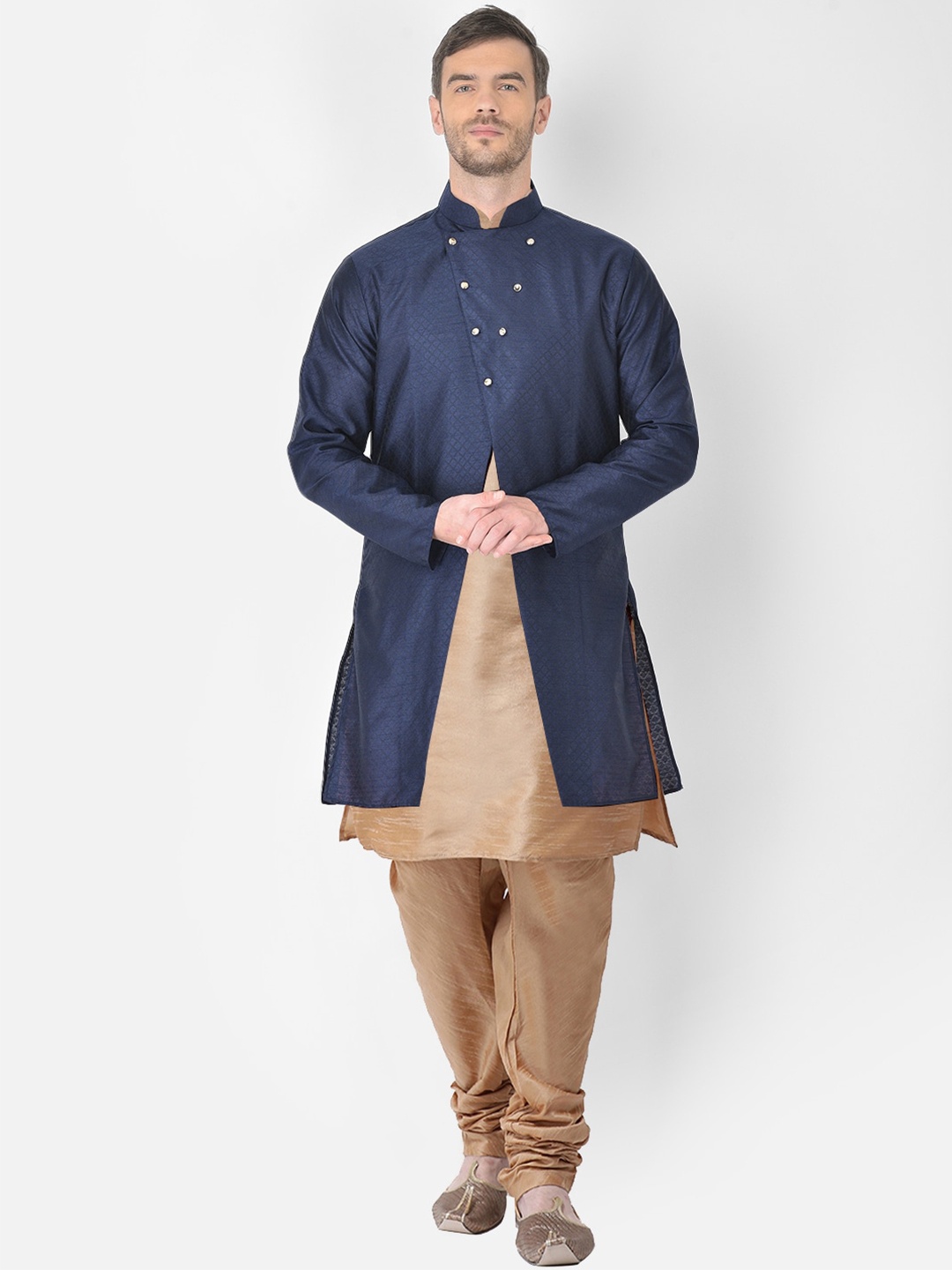 

SG RAJASAHAB Men Gold-Toned Raw Silk Kurta with Churidar & Jacket