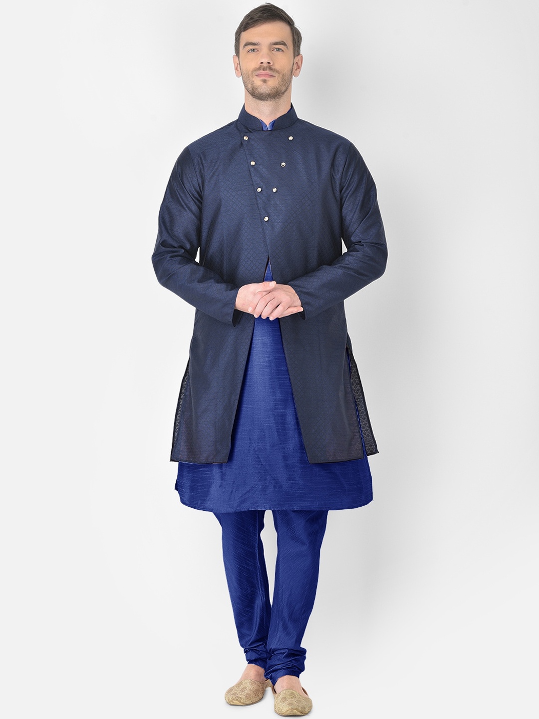 

SG RAJASAHAB Men Blue Raw Silk Kurta with Churidar & Jacket
