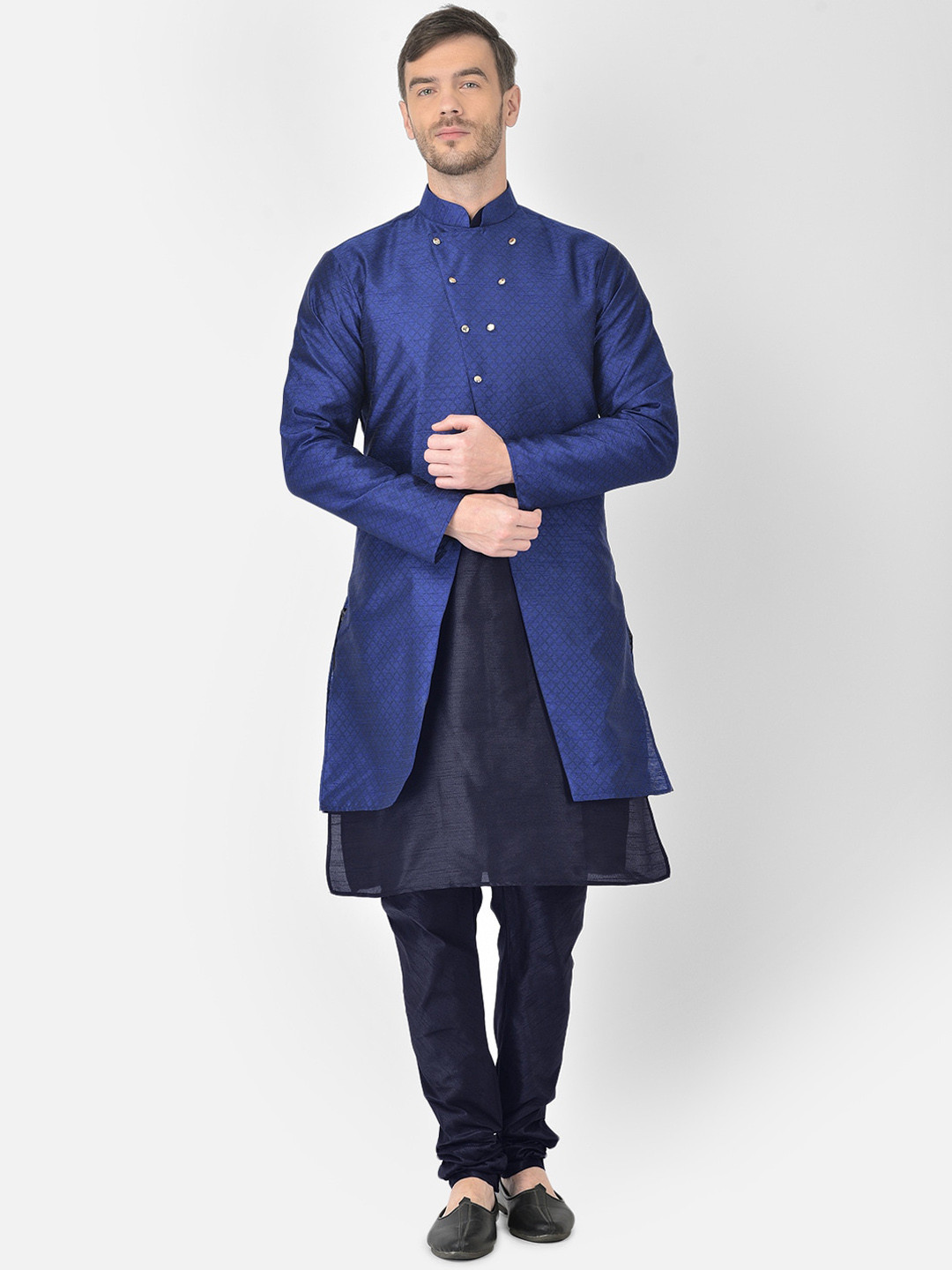 

SG RAJASAHAB Men Navy Blue Layered Raw Silk Kurta & Churidar With Jacket