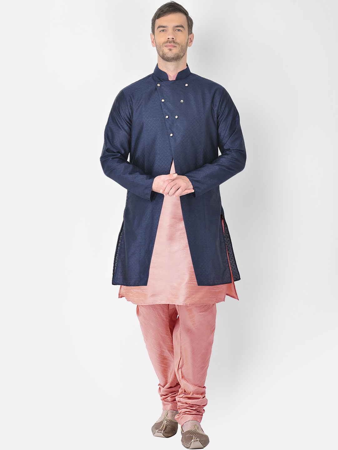 

SG RAJASAHAB Men Peach-Coloured & Navy Blue Woven design Layered Kurta with Churidar