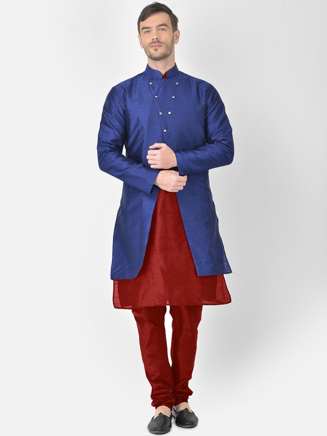 

SG RAJASAHAB Men Maroon Raw Silk Kurta with Churidar & Jacket