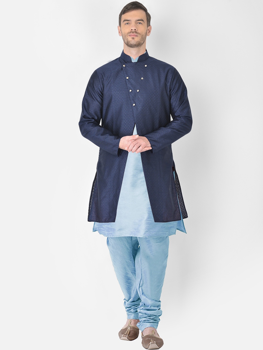 

SG RAJASAHAB Men Turquoise Blue Raw Silk Kurta & Churidar With Jacket