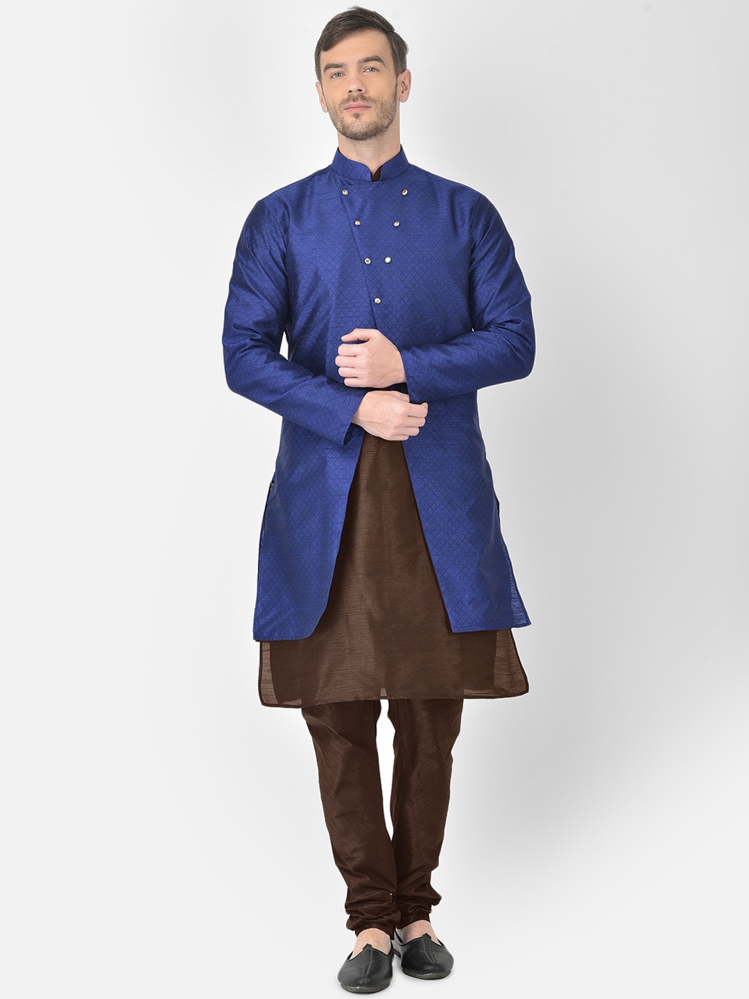 

SG RAJASAHAB Men Brown Raw Silk Kurta with Churidar & Jacket