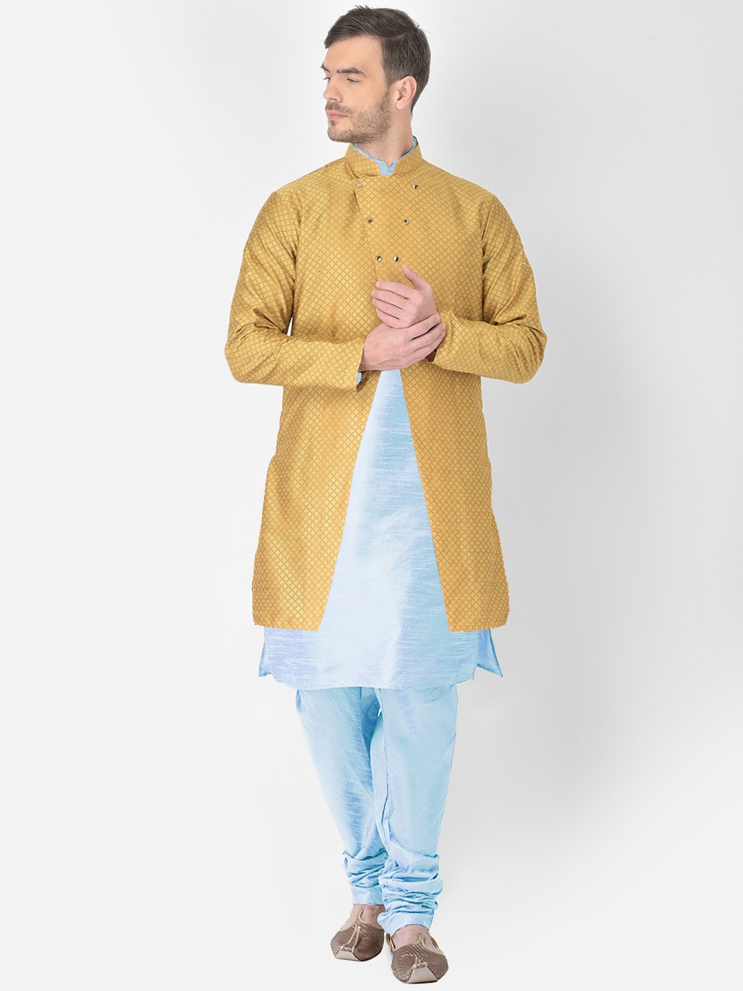 

SG RAJASAHAB Men Blue & Mustard Yellow Raw Silk Kurta with Pyjamas & Jacket