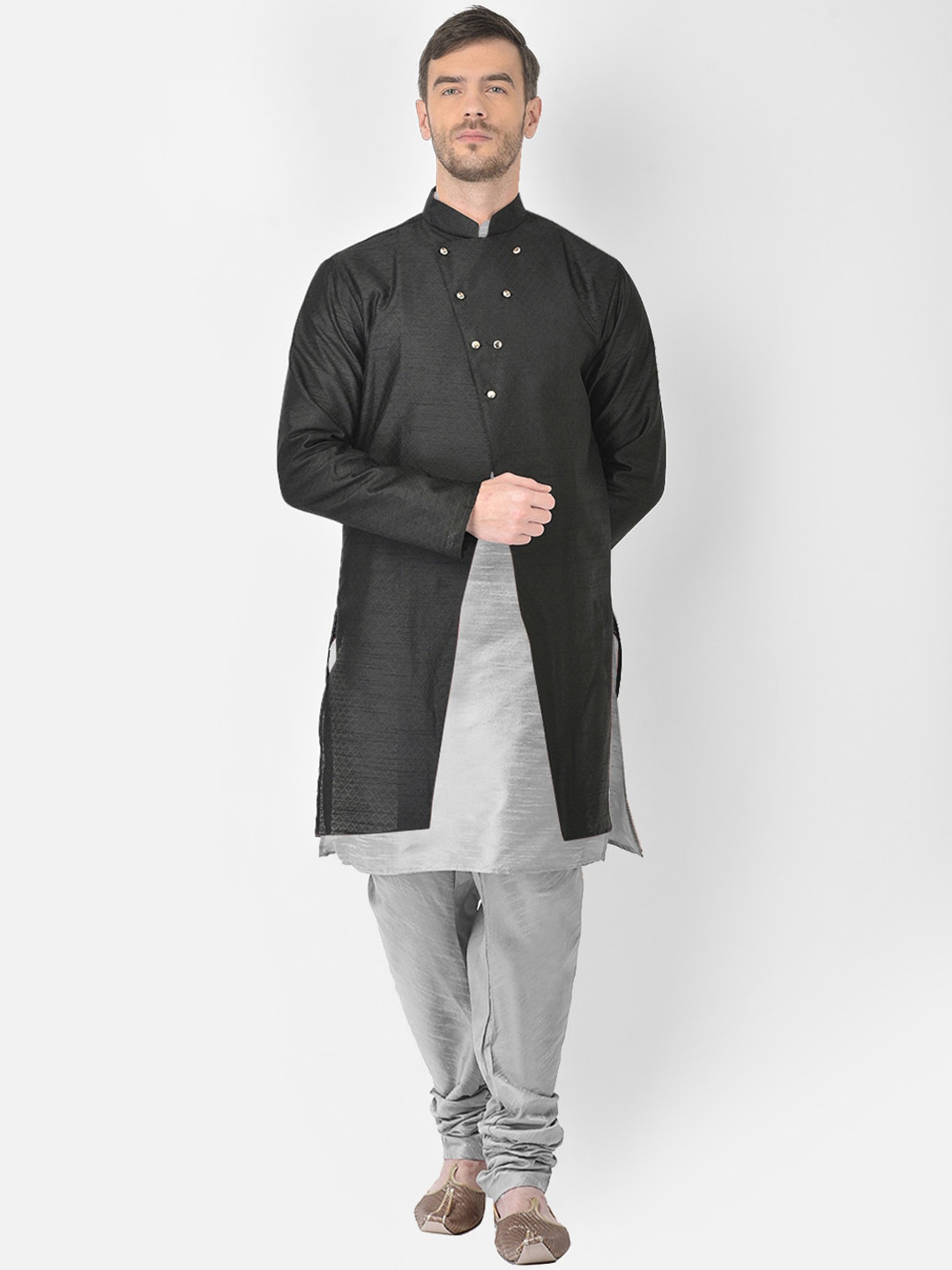 

SG RAJASAHAB Men Silver-Toned & Black Woven design Layered Raw Silk Kurta with Churidar
