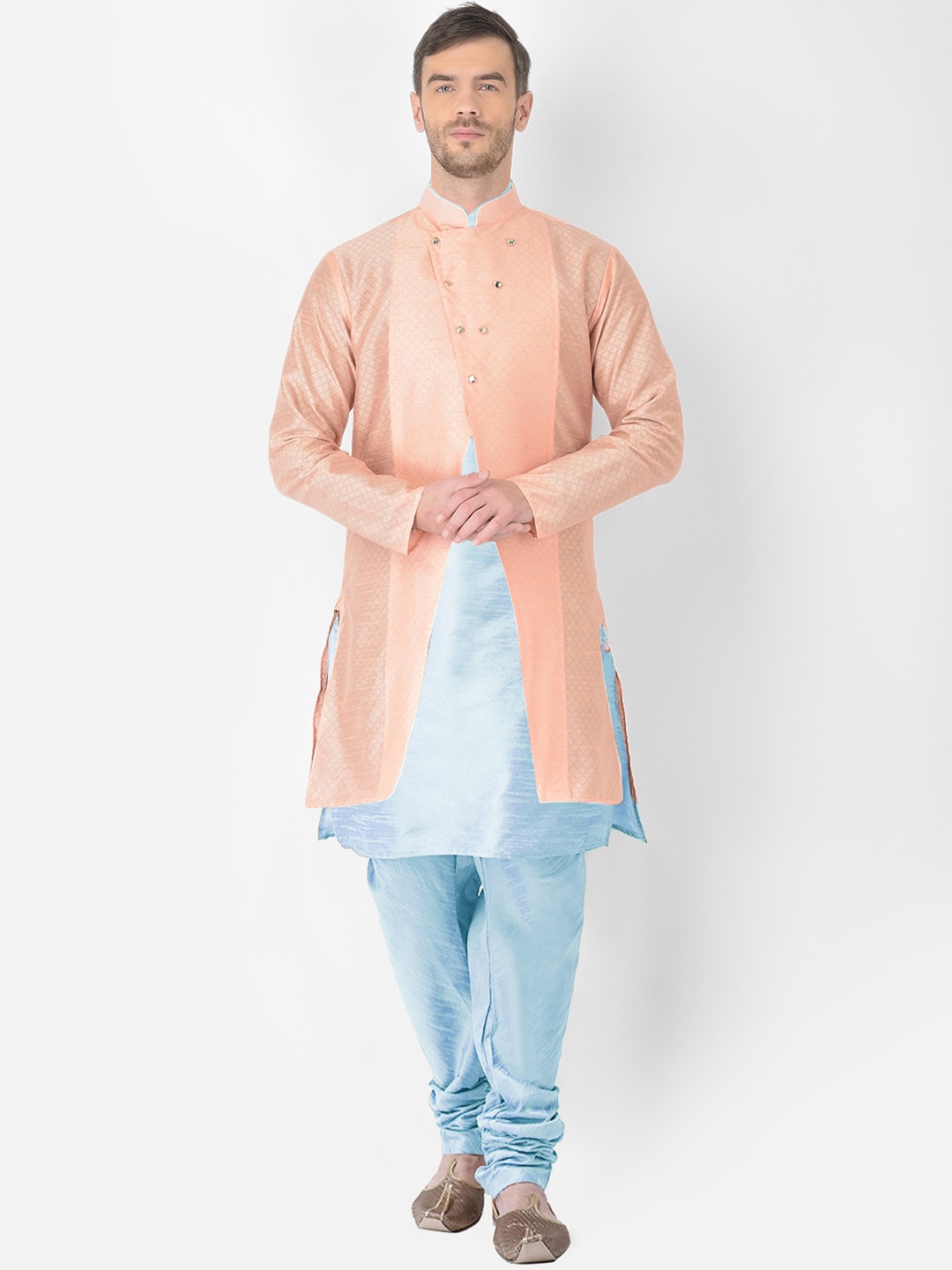 

SG RAJASAHAB Men Turquoise Blue Empire Raw Silk Kurta & Churidar With Jacket