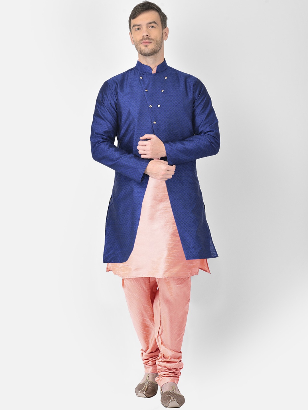 

SG RAJASAHAB Men Peach-Coloured & Blue Raw Silk Kurta with Churidar & Jacket