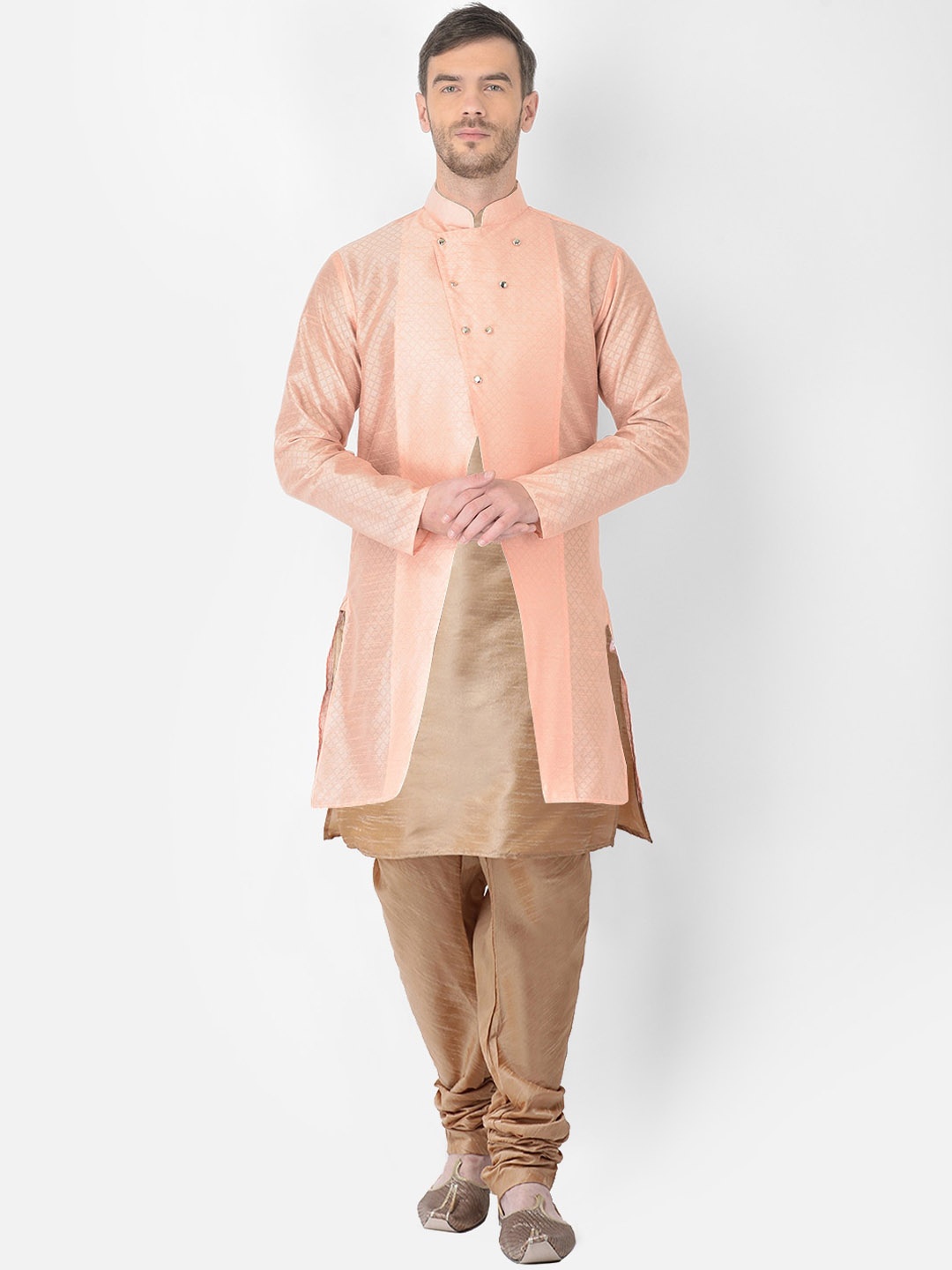

SG RAJASAHAB Men Gold-Toned & Pink Raw Silk Kurta with Pyjamas & Jacket