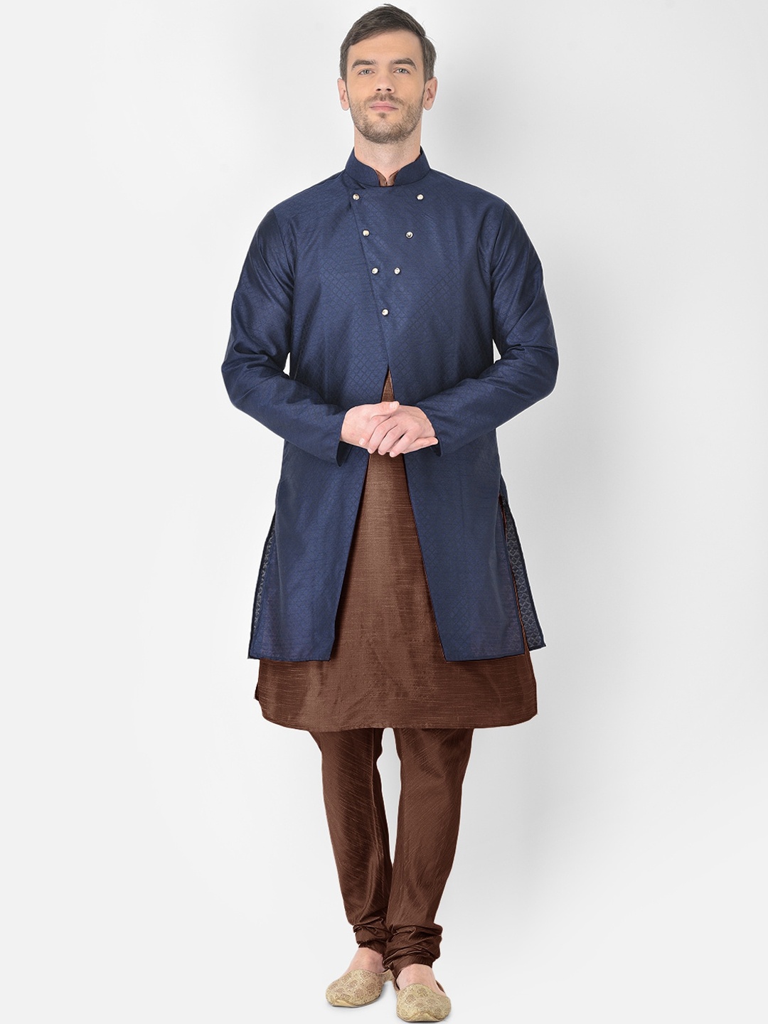 

SG RAJASAHAB Men Brown Raw Silk Kurta with Churidar & Jacket