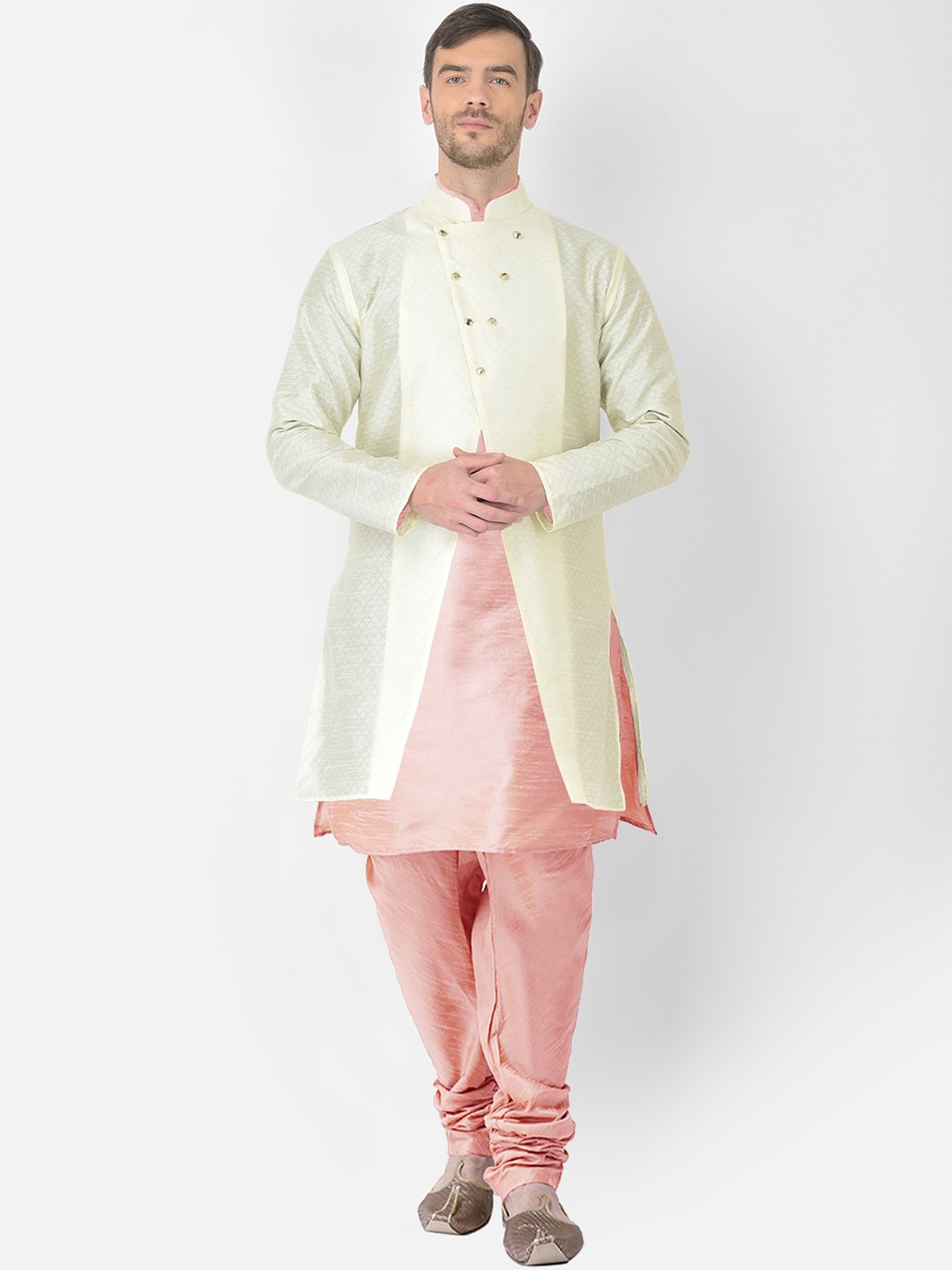 

SG RAJASAHAB Men Peach-Coloured Raw Silk Kurta with Churidar