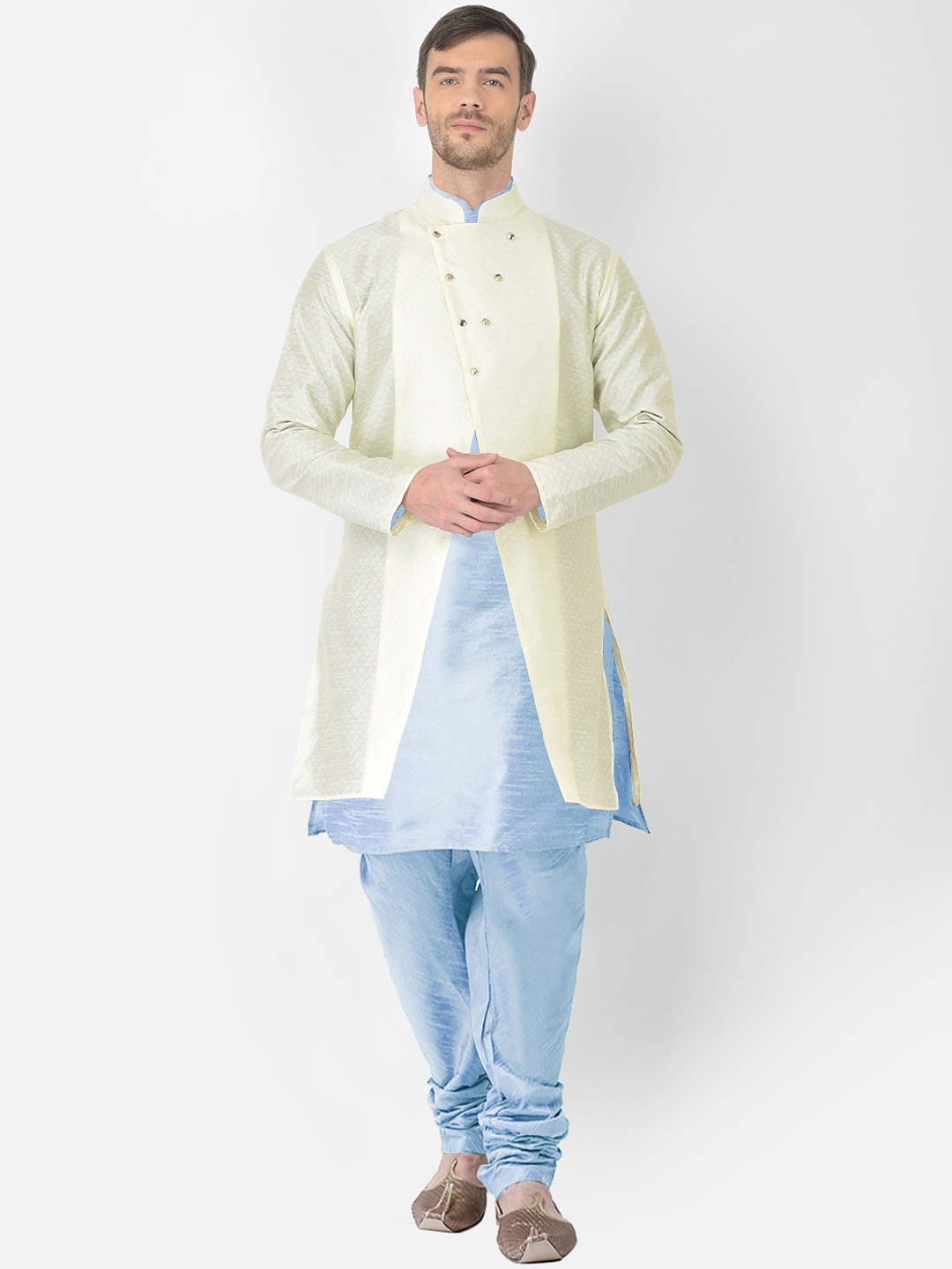 

SG RAJASAHAB Men Turquoise Blue Raw Silk Kurta with Churidar