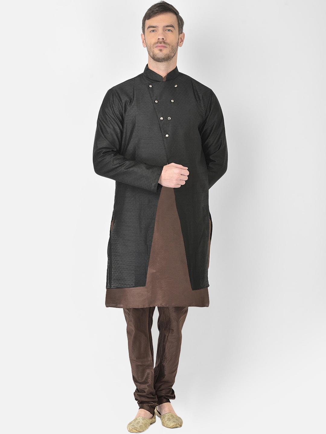 

SG RAJASAHAB Men Brown Raw Silk Kurta with Churidar & Jacket