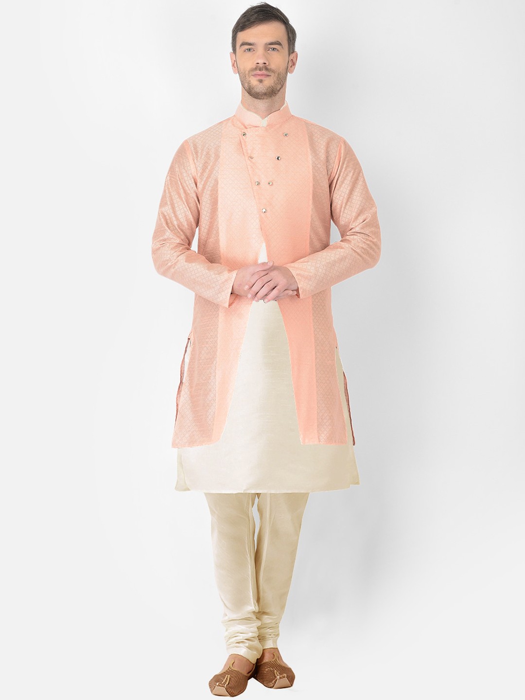 

SG RAJASAHAB Men Beige Embroidered Raw Silk Kurta Pyjamas with Jacket