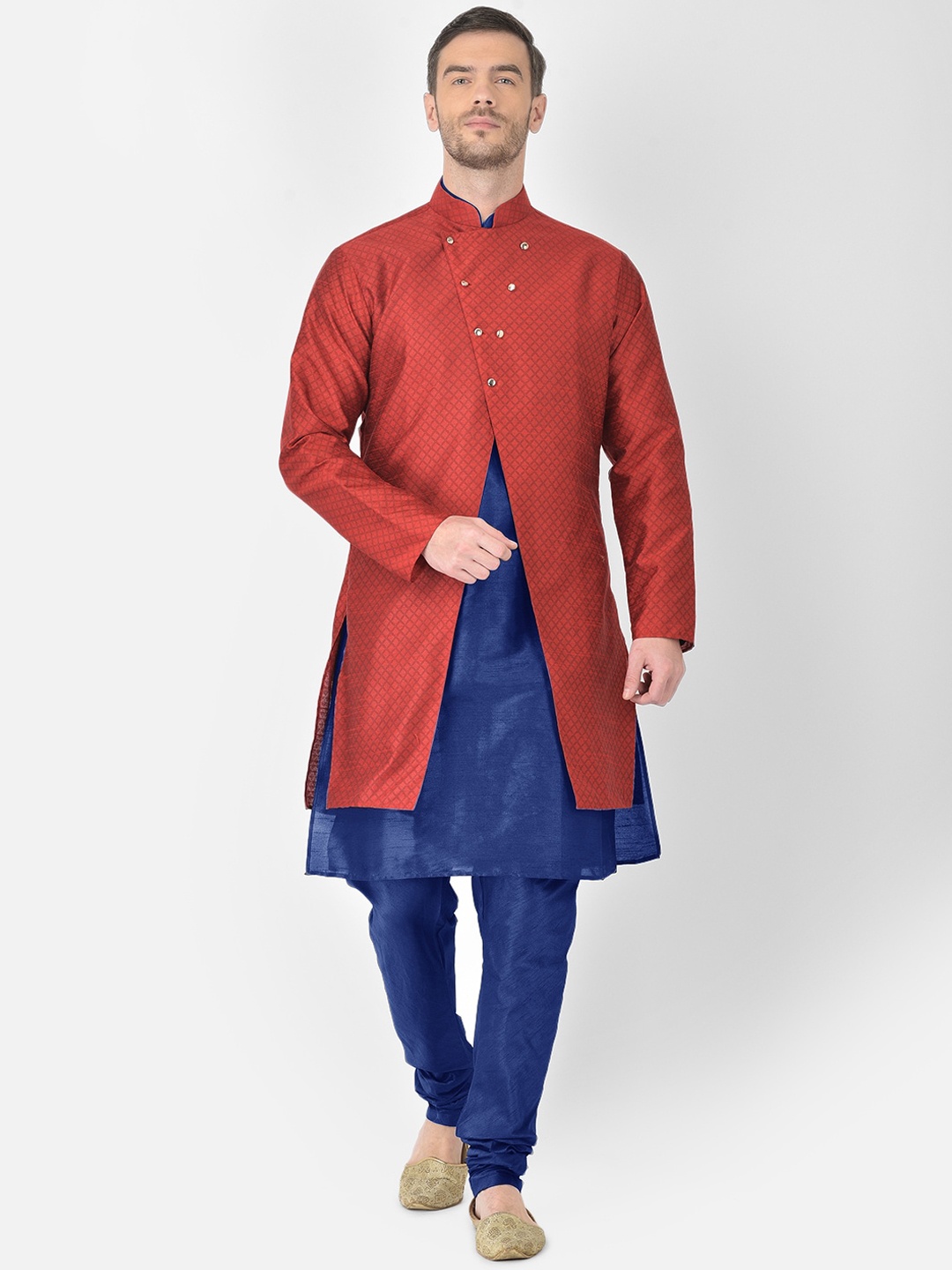 

SG RAJASAHAB Men Blue Layered Raw Silk Kurta with Churidar