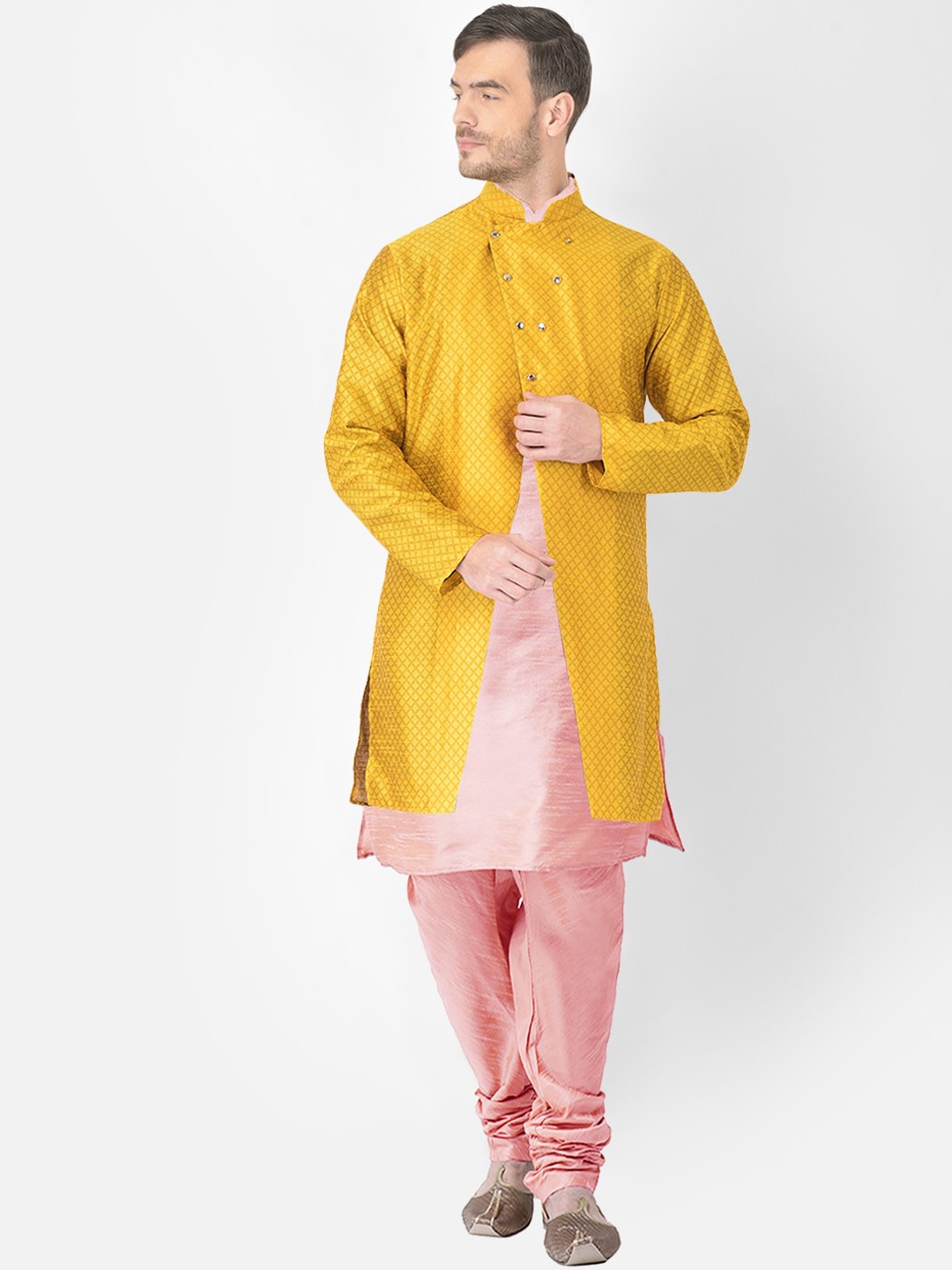 

SG RAJASAHAB Men Peach-Coloured & Yellow Raw Silk Kurta with Churidar & Jacket