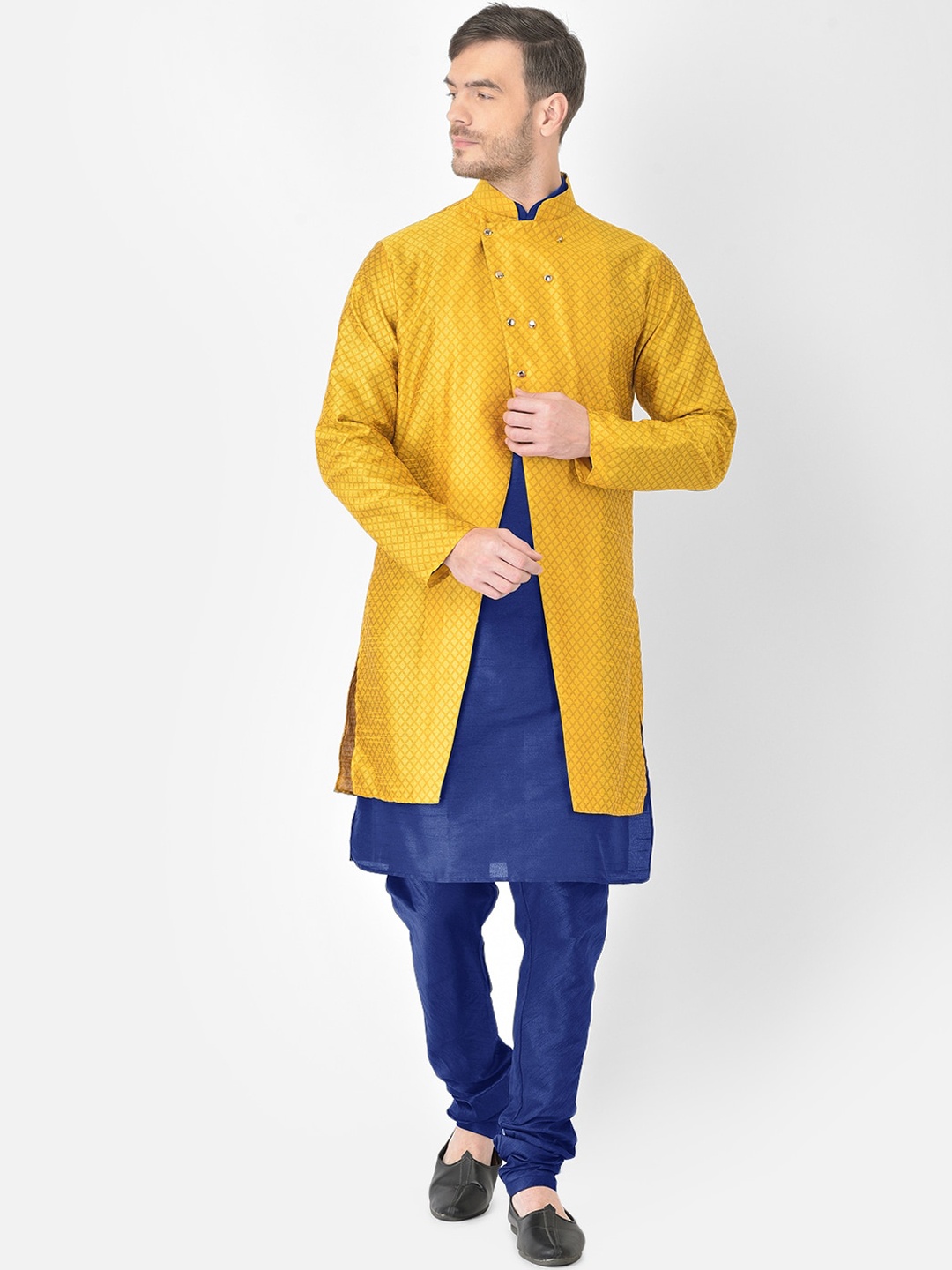 

SG RAJASAHAB Men Blue & Mustard Yellow Raw Silk Kurta with Churidar & Jacket
