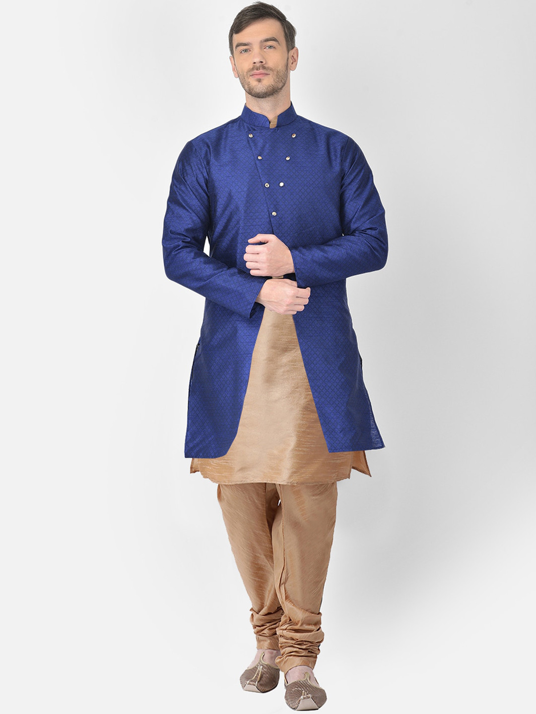 

SG RAJASAHAB Men Gold-Toned Layered Raw Silk Kurta with Churidar
