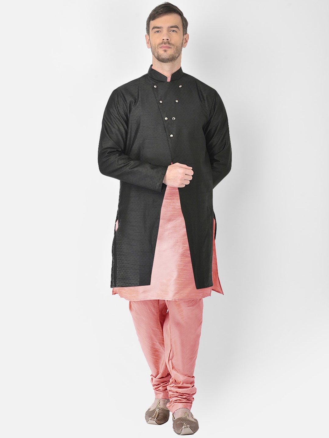 

SG RAJASAHAB Men Peach-Coloured & Black Raw Silk Kurta with Pyjamas & Jacket